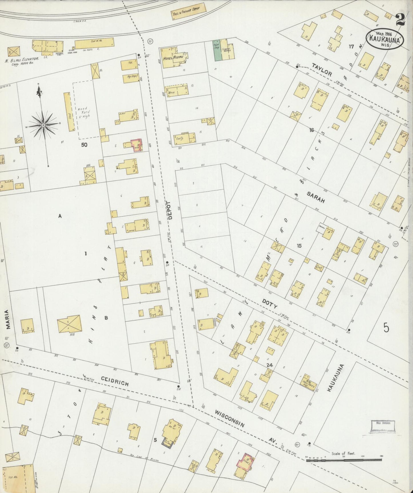 Sanborn Fire Insurance Map from Kaukauna, Outagamie County, Wisconsin (1906), Sheet #0002 - Historic Sanborn Fire Insurance Map Print, vintage old map wall art, antique decor, genealogy gift, Wisconsin Wisconsin map