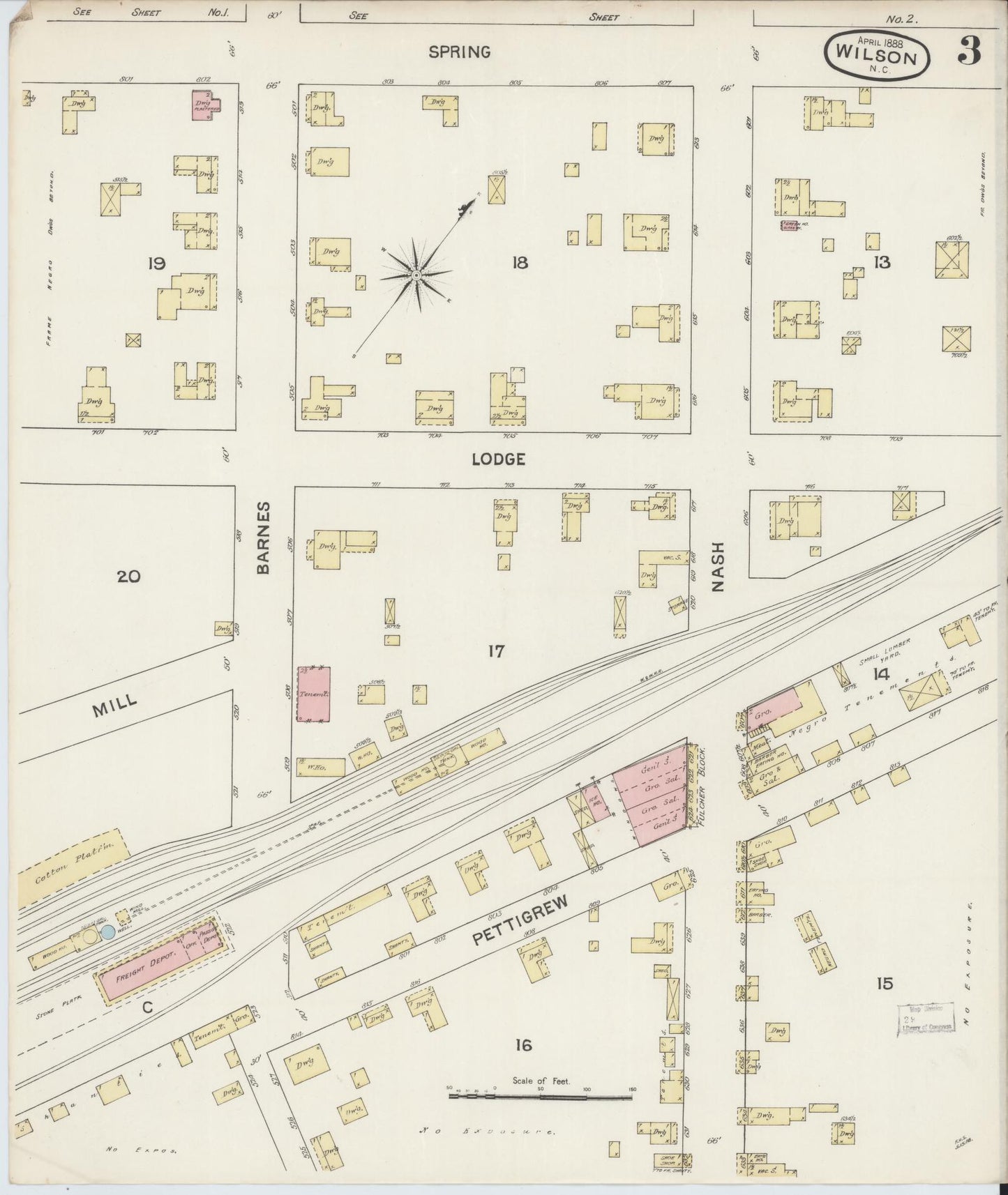 Sanborn Fire Insurance Map from Wilson, Wilson County, North Carolina (1888), Sheet #0003 - Historic Sanborn Fire Insurance Map Print, vintage old map wall art, antique decor, genealogy gift, North Carolina North Carolina map