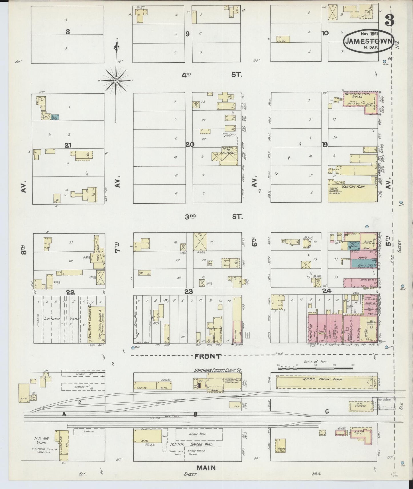Sanborn Fire Insurance Map from Jamestown, Stutsman County, North Dakota (1891), Sheet #0003 - Historic Sanborn Fire Insurance Map Print, vintage old map wall art, antique decor, genealogy gift, North Dakota North Dakota map