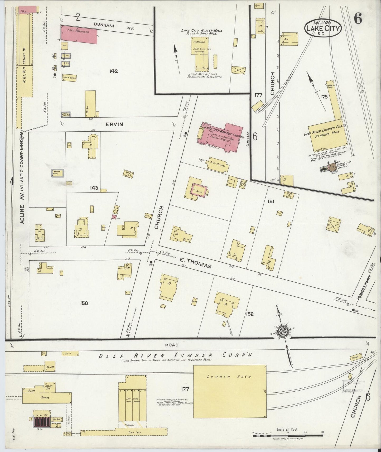 Sanborn Fire Insurance Map from Lake City, Florence County, South Carolina (1920), Sheet #0006 - Complete Map Set gallery image, historic Sanborn map, vintage wall art, South Carolina South Carolina