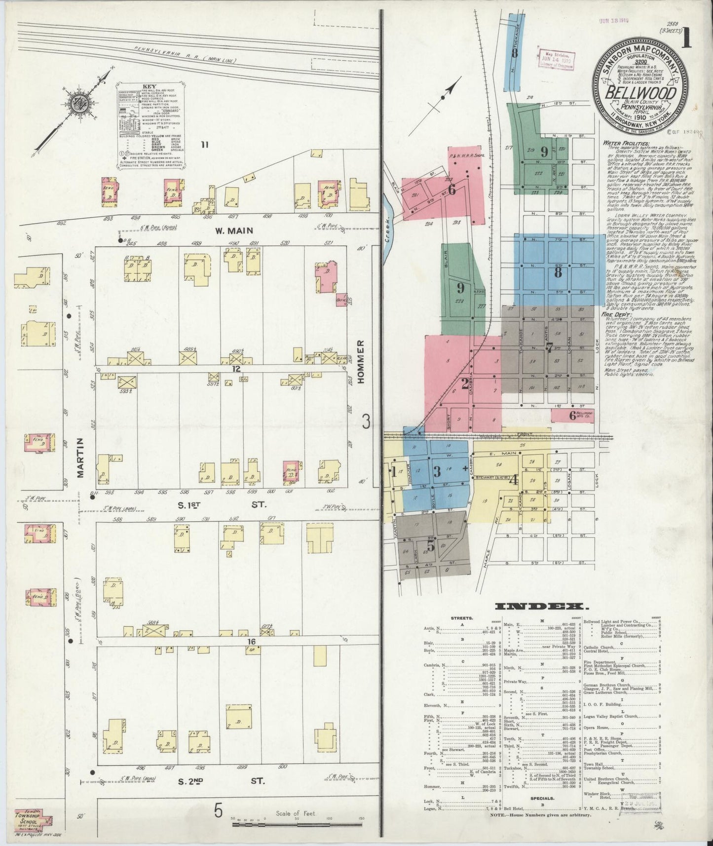 Sanborn Fire Insurance Map from Bellwood, Blair County, Pennsylvania (1910), Sheet #0001 - Historic Sanborn Fire Insurance Map Print, vintage old map wall art, antique decor, genealogy gift, Pennsylvania Pennsylvania map