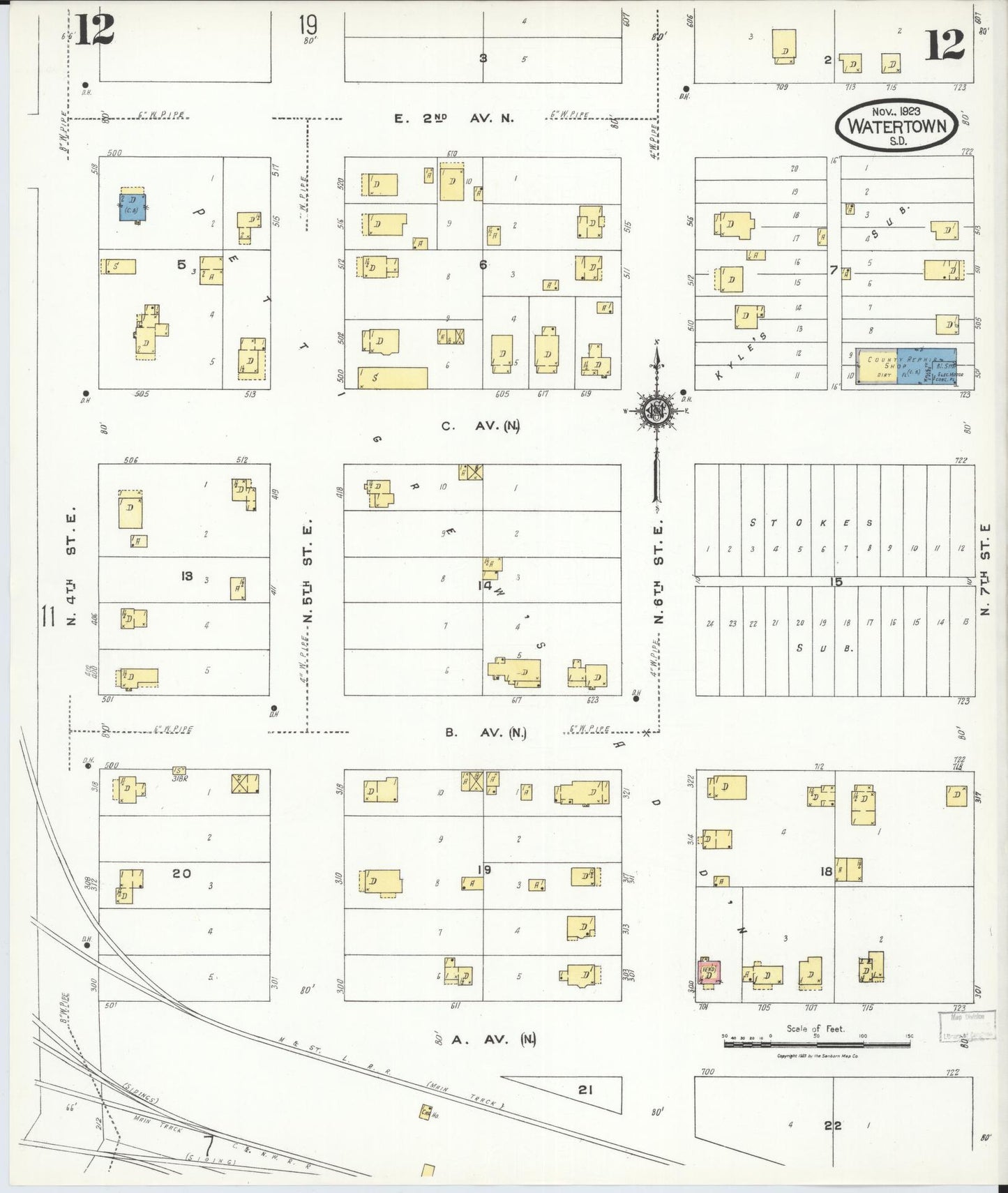 Sanborn Fire Insurance Map from Watertown, Codington County, South Dakota (1923), Sheet #0012 - Historic Sanborn Fire Insurance Map Print, vintage old map wall art, antique decor, genealogy gift, South Dakota South Dakota map