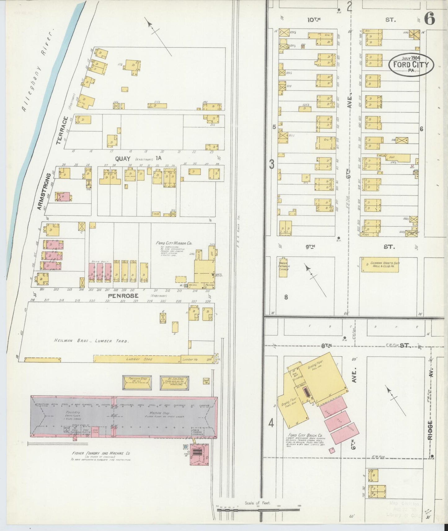 Sanborn Fire Insurance Map from Ford City, Armstrong County, Pennsylvania (1904), Sheet #0006 - Historic Sanborn Fire Insurance Map Print, vintage old map wall art, antique decor, genealogy gift, Pennsylvania Pennsylvania map