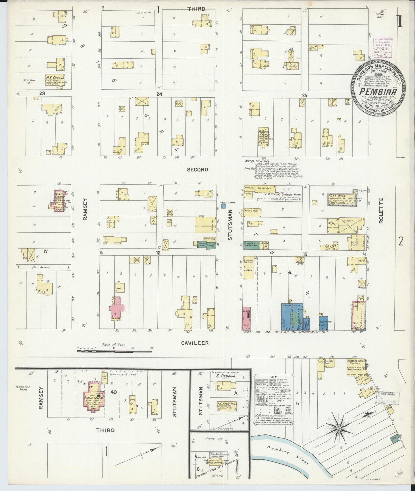Sanborn Fire Insurance Map from Pembina, Pembina County, North Dakota (1907), Sheet #0001 - Historic Sanborn Fire Insurance Map Print, vintage old map wall art, antique decor, genealogy gift, North Dakota North Dakota map
