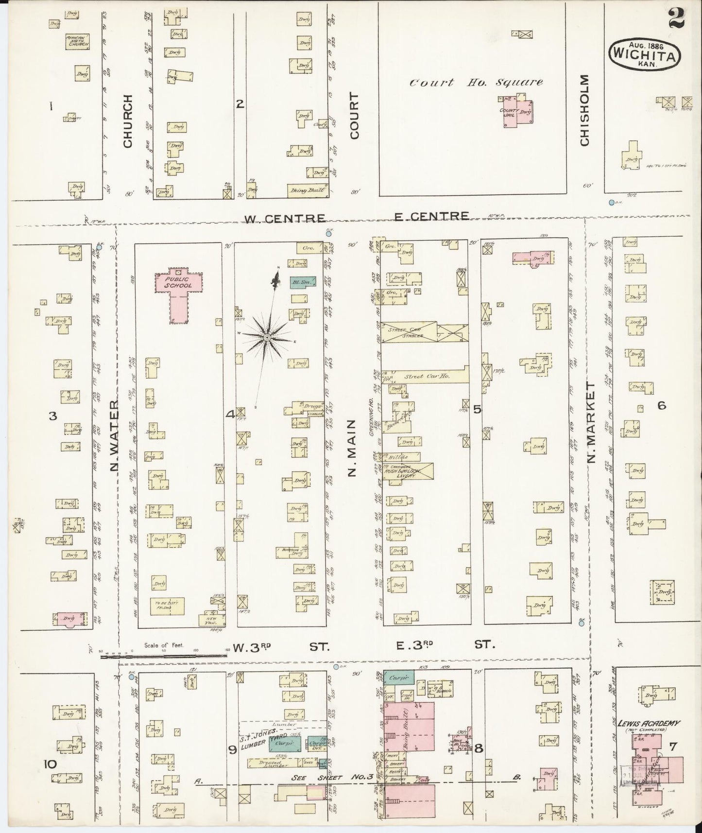 Sanborn Fire Insurance Map from Wichita, Sedgwick County, Kansas (1886), Sheet #0002 - Historic Sanborn Fire Insurance Map Print, vintage old map wall art, antique decor, genealogy gift, Kansas Kansas map