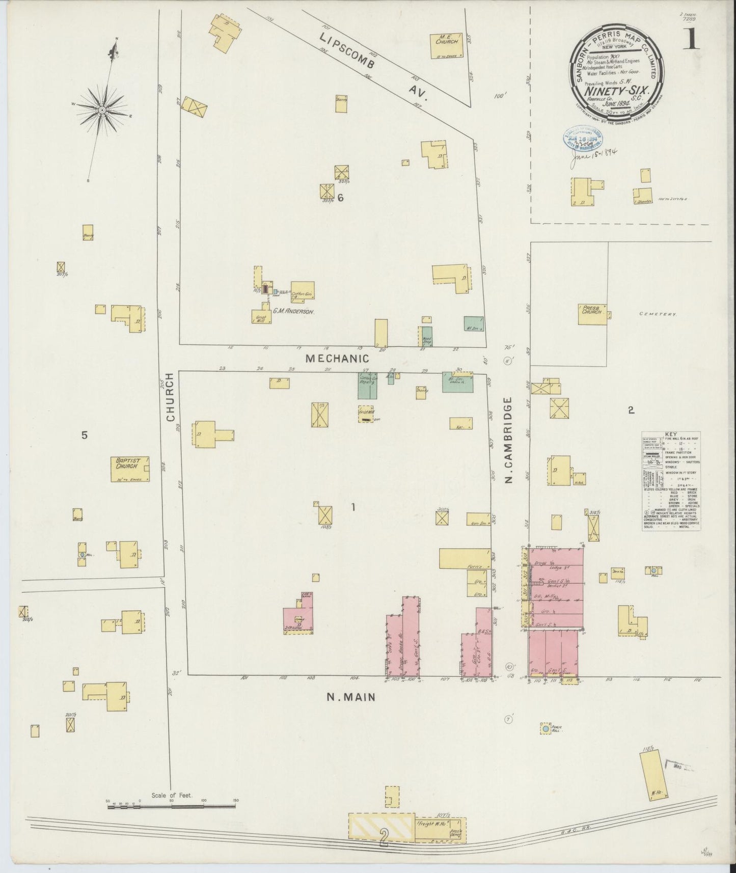 Sanborn Fire Insurance Map from Ninety Six, Greenwood County, South Carolina (1894), Sheet #0001 - Historic Sanborn Fire Insurance Map Print, vintage old map wall art, antique decor, genealogy gift, South Carolina South Carolina map