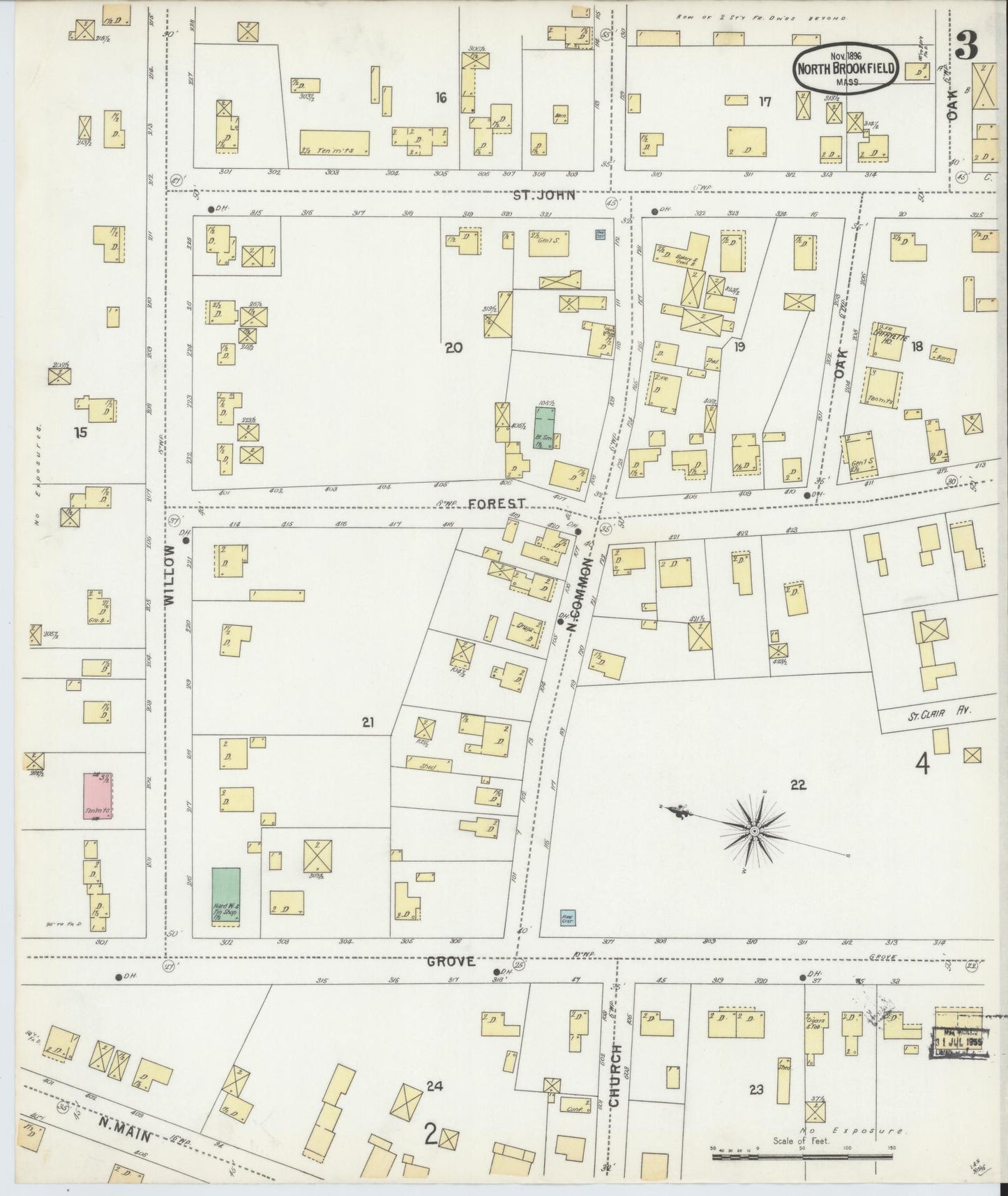 Sanborn Fire Insurance Map from North Brookfield, Worcester County, Massachusetts (1896), Sheet #0003 - Historic Sanborn Fire Insurance Map Print, vintage old map wall art, antique decor, genealogy gift, Massachusetts Massachusetts map