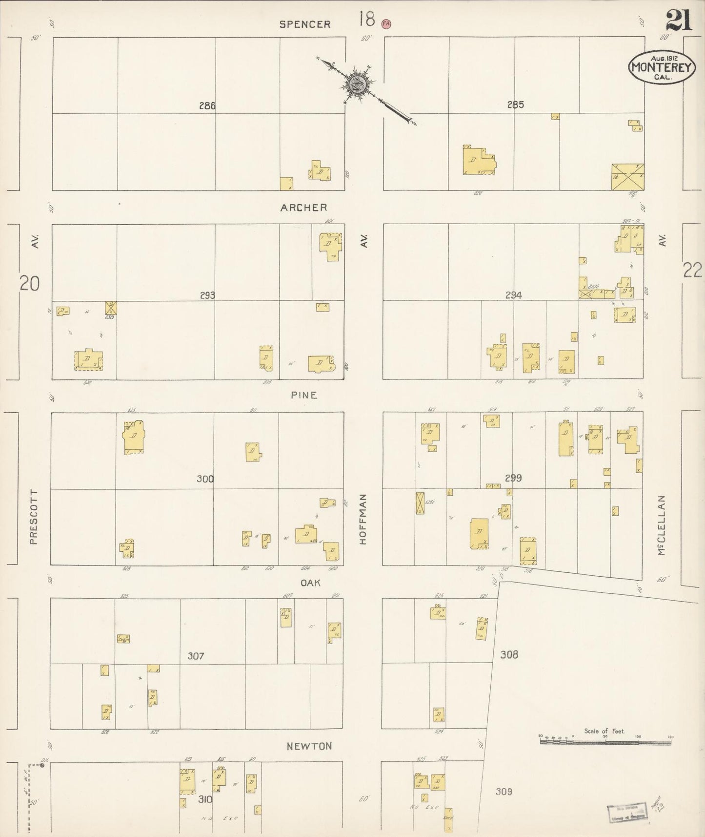 Sanborn Fire Insurance Map from Monterey, Monterey County, California (1912), Sheet #0021 - Historic Sanborn Fire Insurance Map Print, vintage old map wall art, antique decor, genealogy gift, California California map