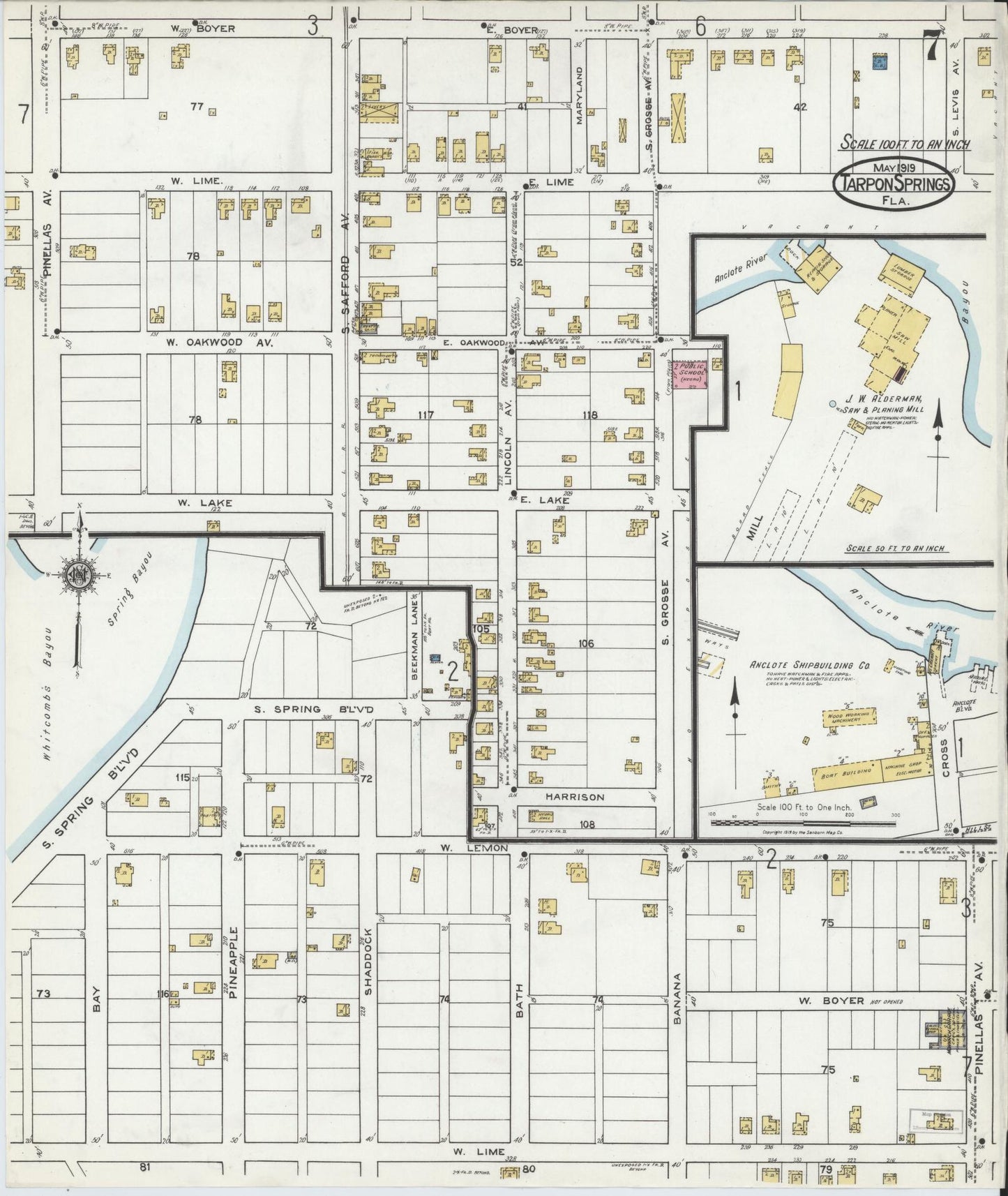 Sanborn Fire Insurance Map from Tarpon Springs, Pinellas County, Florida (1919), Sheet #0007 - Complete Map Set gallery image, historic Sanborn map, vintage wall art, Florida Florida