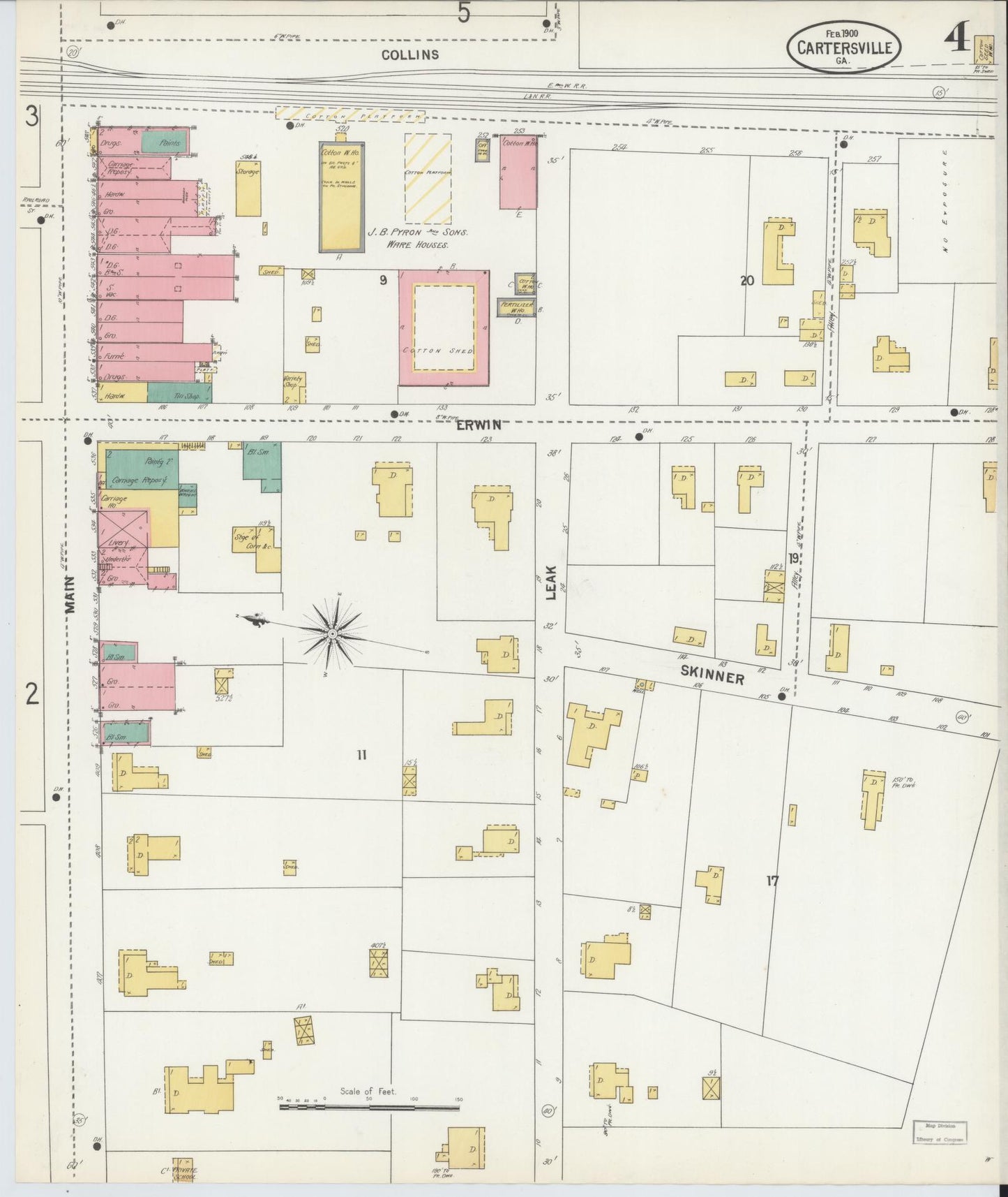 Sanborn Fire Insurance Map from Cartersville, Bartow County, Georgia (1900), Sheet #0004 - Historic Sanborn Fire Insurance Map Print, vintage old map wall art, antique decor, genealogy gift, Georgia Georgia map