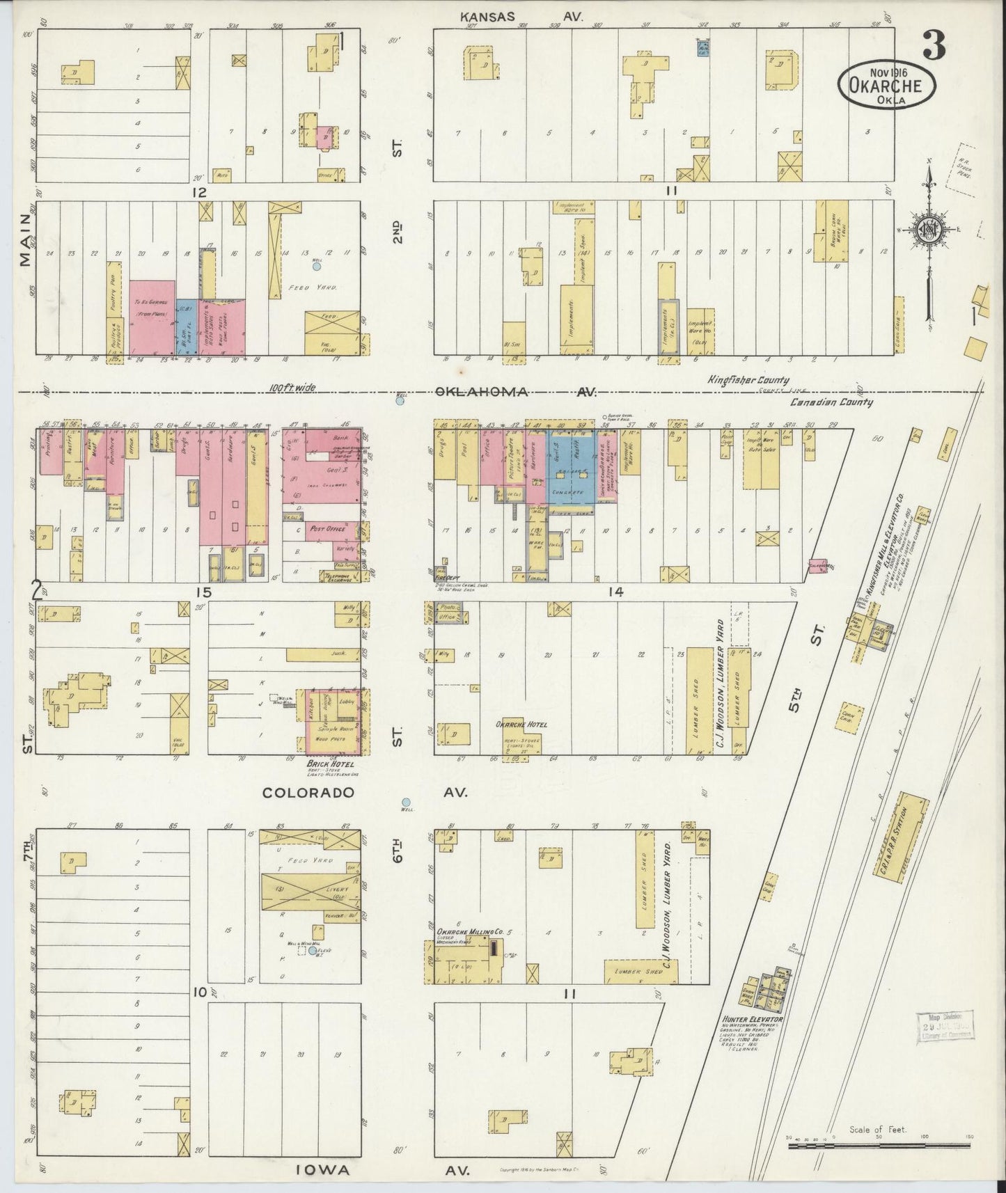 Sanborn Fire Insurance Map from Okarche, Kingfisher and Canadian Counties, Oklahoma (1916), Sheet #0003 - Complete Map Set gallery image, historic Sanborn map, vintage wall art, Oklahoma Oklahoma