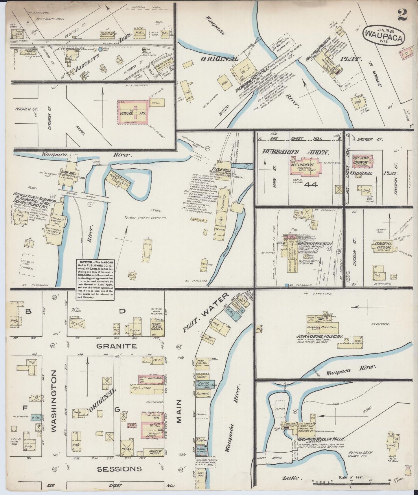 Sanborn Fire Insurance Map from Waupaca, Waupaca County, Wisconsin (1885), Sheet #0002 - Historic Sanborn Fire Insurance Map Print, vintage old map wall art, antique decor, genealogy gift, Wisconsin Wisconsin map