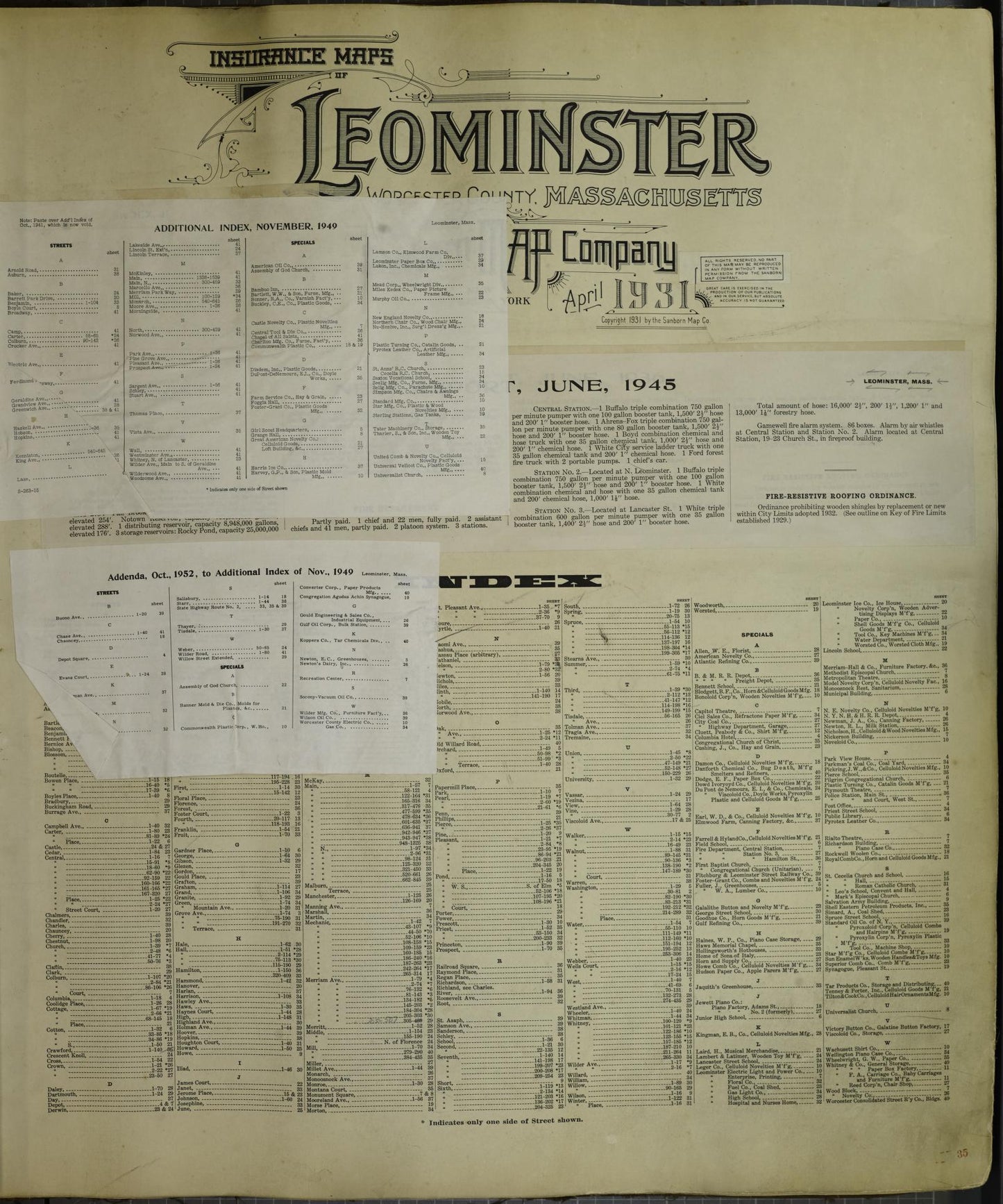 Sanborn Fire Insurance Map from Leominster, Worcester County, Massachusetts (1952), Sheet #0001 - Historic Sanborn Fire Insurance Map Print, vintage old map wall art, antique decor, genealogy gift, Massachusetts Massachusetts map