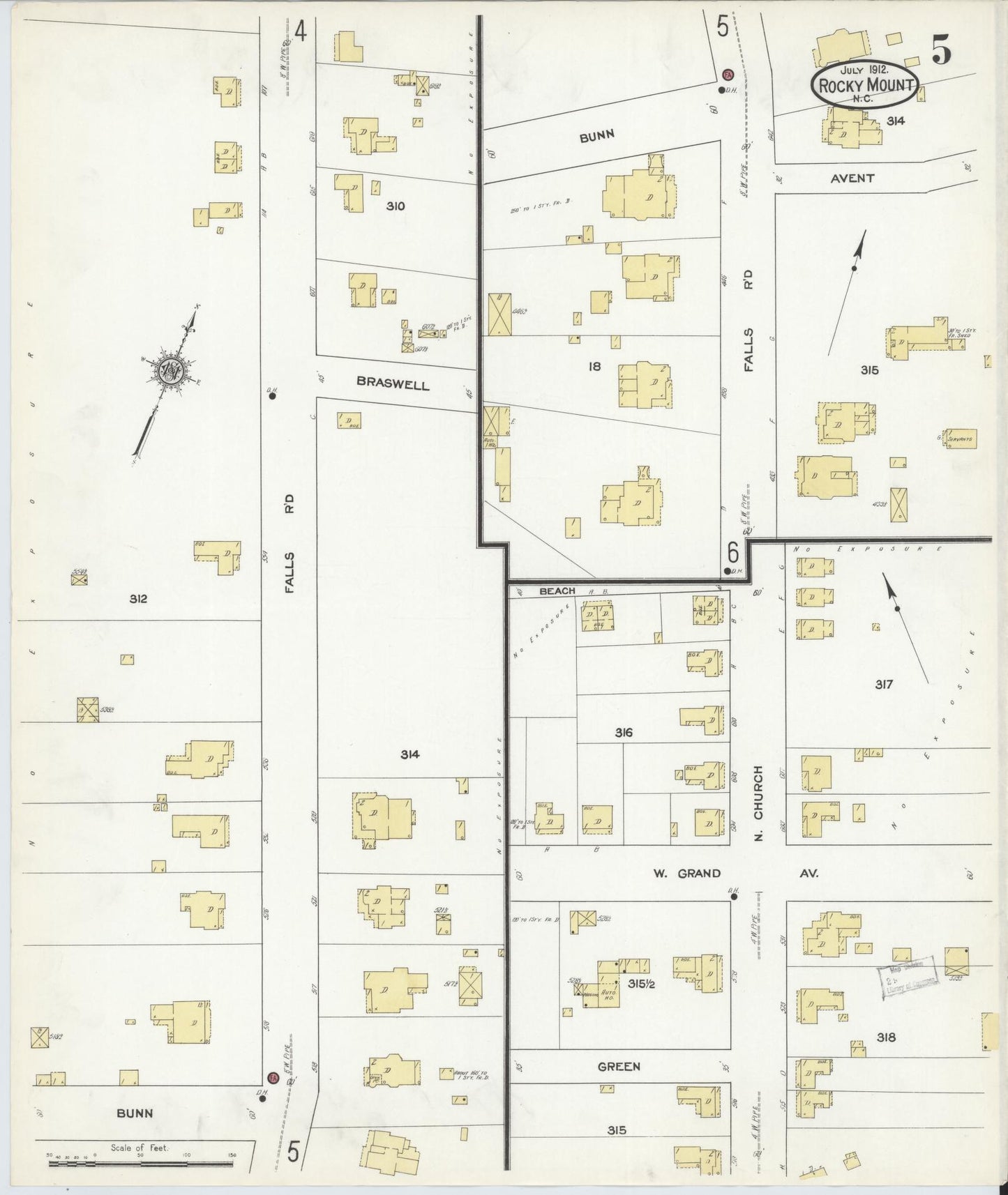 Sanborn Fire Insurance Map from Rocky Mount, Edgecombe And Nash Counties, North Carolina (1912), Sheet #0005 - Historic Sanborn Fire Insurance Map Print, vintage old map wall art, antique decor, genealogy gift, North Carolina North Carolina map