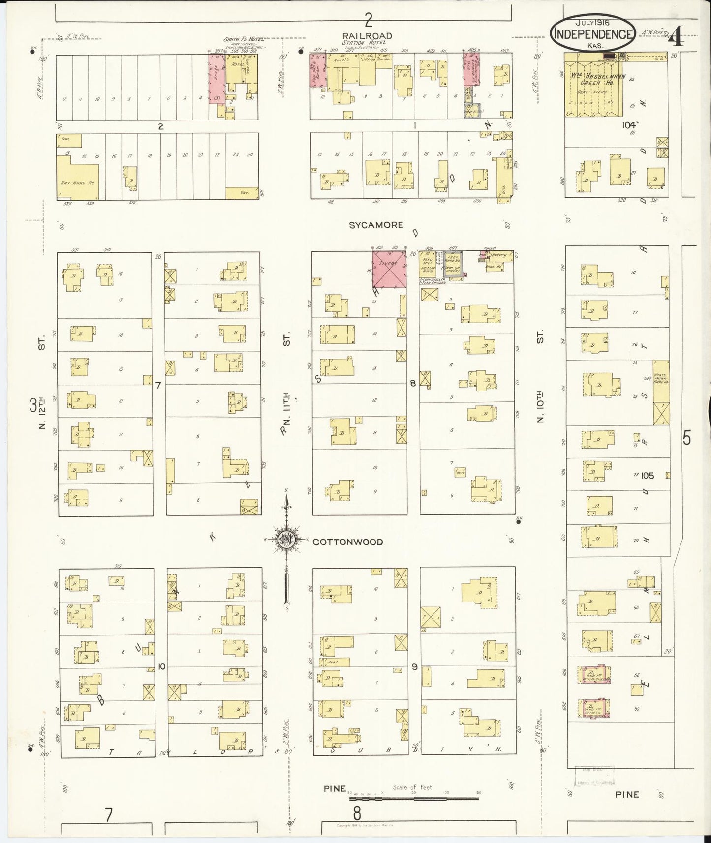 Sanborn Fire Insurance Map from Independence, Montgomery County, Kansas (1916), Sheet #0004 - Historic Sanborn Fire Insurance Map Print, vintage old map wall art, antique decor, genealogy gift, Kansas Kansas map