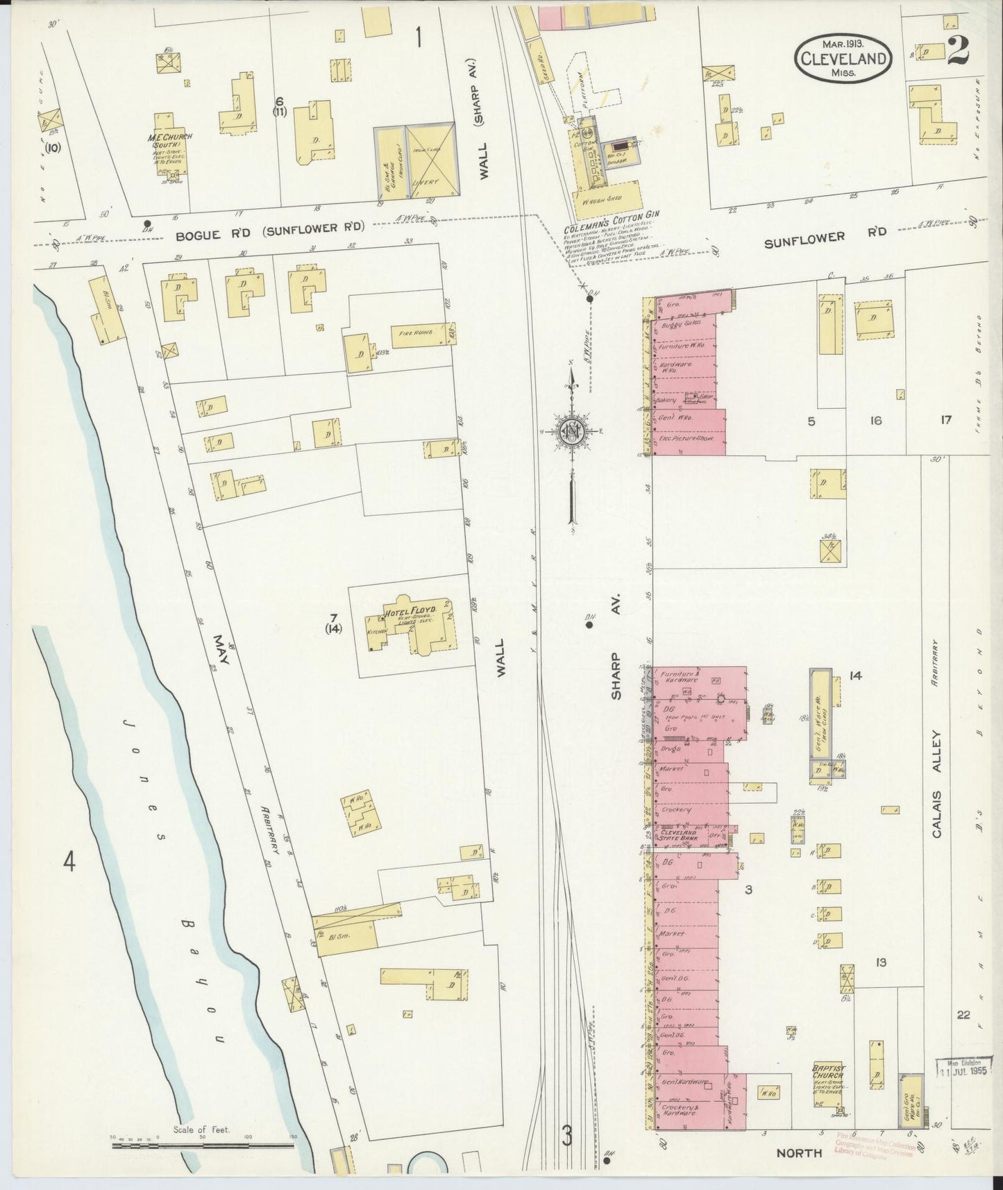 Sanborn Fire Insurance Map from Cleveland, Bolivar County, Mississippi (1913), Sheet #0002 - Historic Sanborn Fire Insurance Map Print, vintage old map wall art, antique decor, genealogy gift, Mississippi Mississippi map