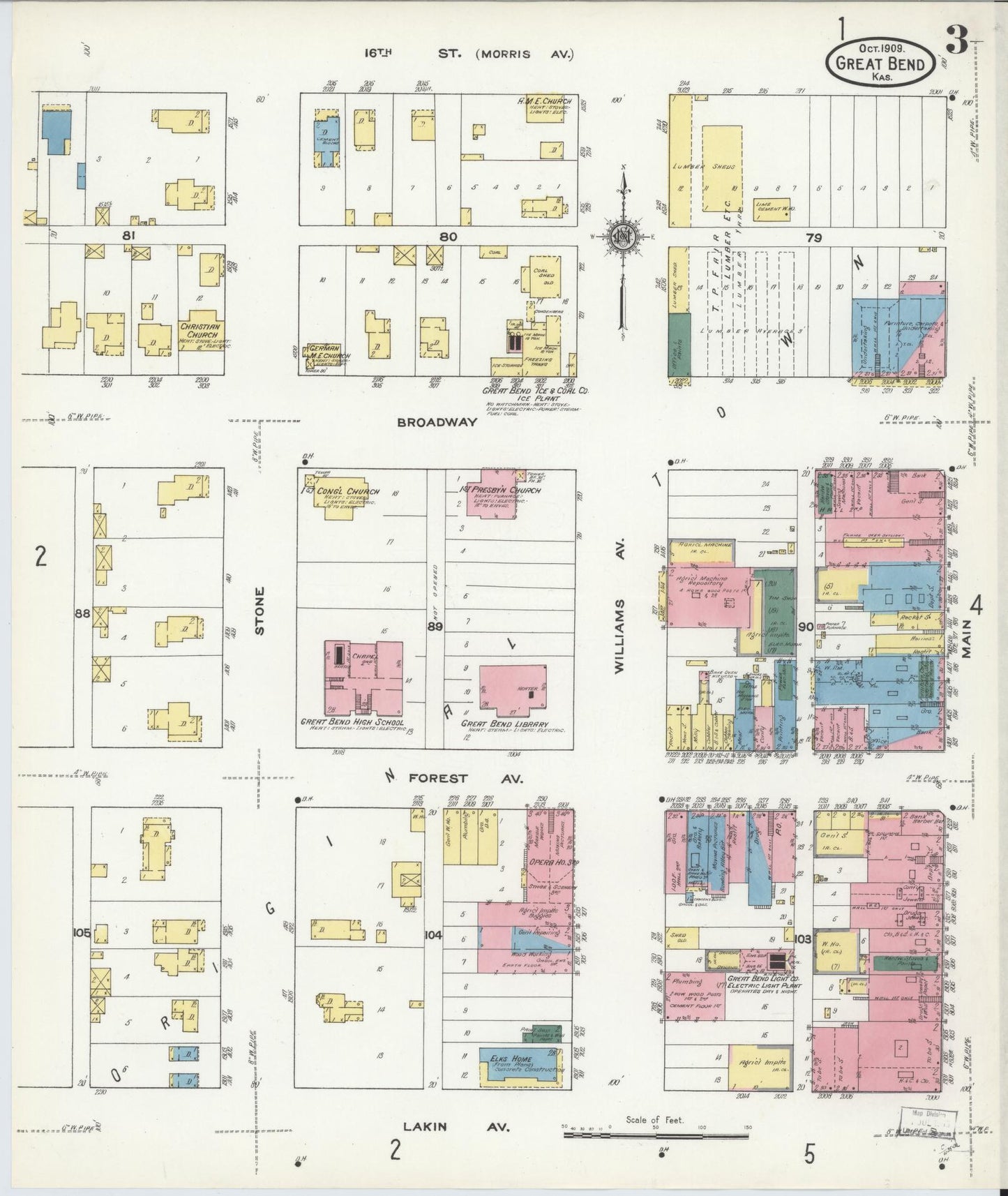 Sanborn Fire Insurance Map from Great Bend, Barton County, Kansas (1909), Sheet #0003 - Historic Sanborn Fire Insurance Map Print, vintage old map wall art, antique decor, genealogy gift, Kansas Kansas map