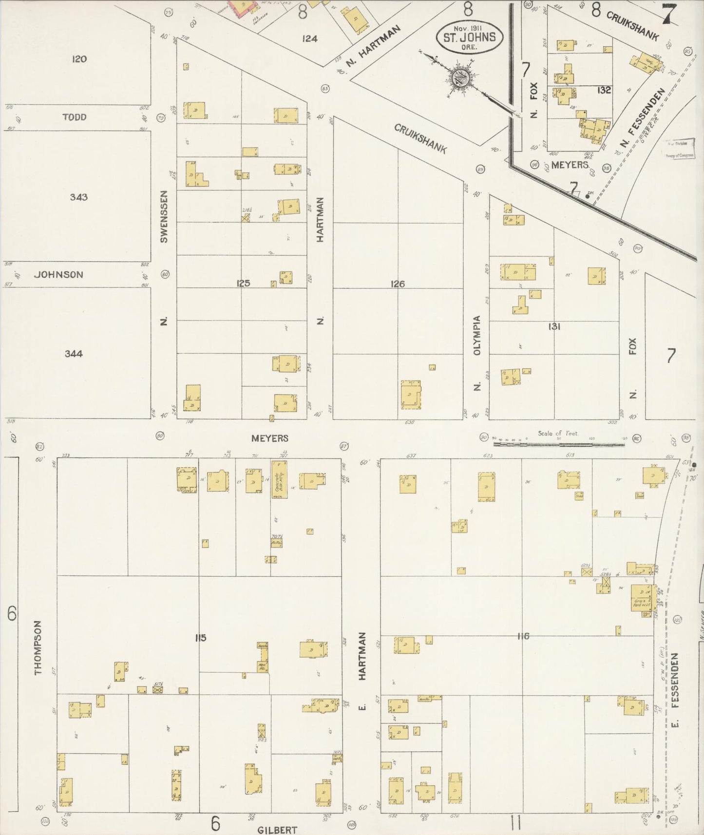 Sanborn Fire Insurance Map from Saint Johns, Multnomah County, Oregon (1911), Sheet #0007 - Historic Sanborn Fire Insurance Map Print, vintage old map wall art, antique decor, genealogy gift, Oregon Oregon map