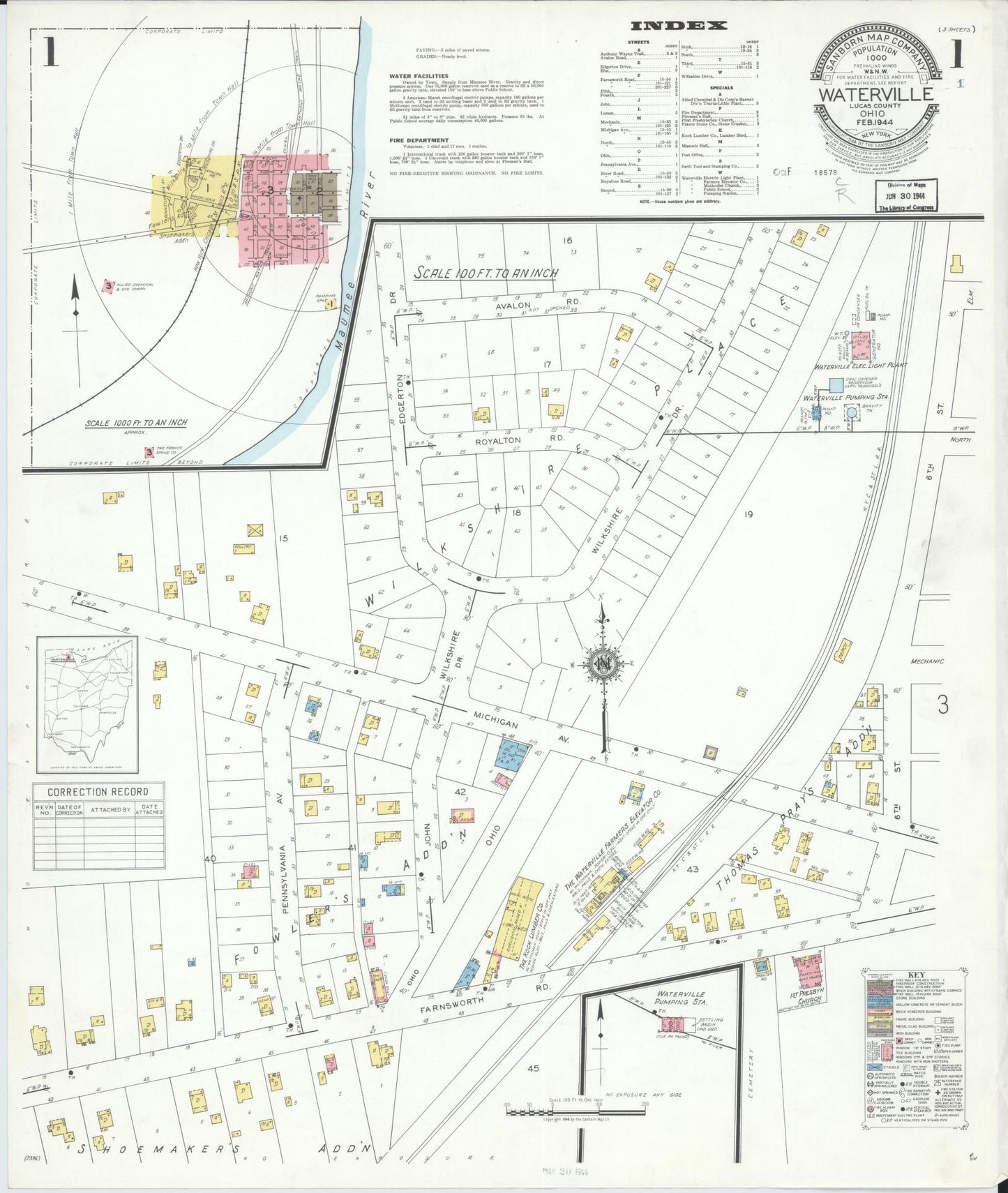 Sanborn Fire Insurance Map from Waterville, Lucas County, Ohio (1944), Sheet #0001 - Historic Sanborn Fire Insurance Map Print, vintage old map wall art, antique decor, genealogy gift, Ohio Ohio map