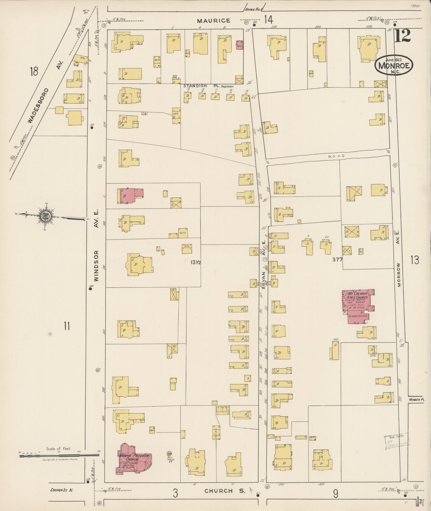 Sanborn Fire Insurance Map from Monroe, Union County, North Carolina (1922), Sheet #0012 - Historic Sanborn Fire Insurance Map Print, vintage old map wall art, antique decor, genealogy gift, North Carolina North Carolina map