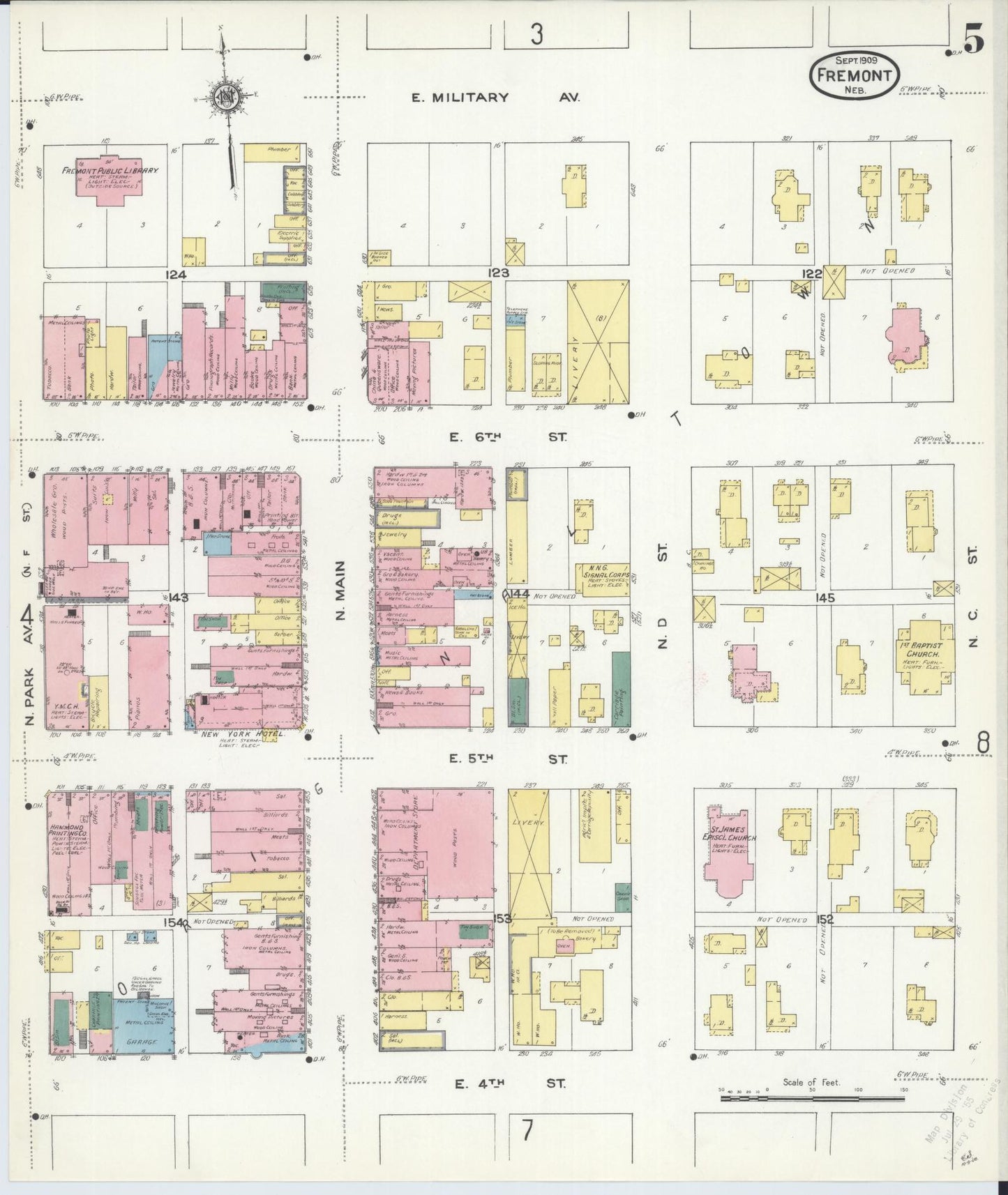 Sanborn Fire Insurance Map from Fremont, Dodge County, Nebraska (1909), Sheet #0005 - Historic Sanborn Fire Insurance Map Print, vintage old map wall art, antique decor, genealogy gift, Nebraska Nebraska map