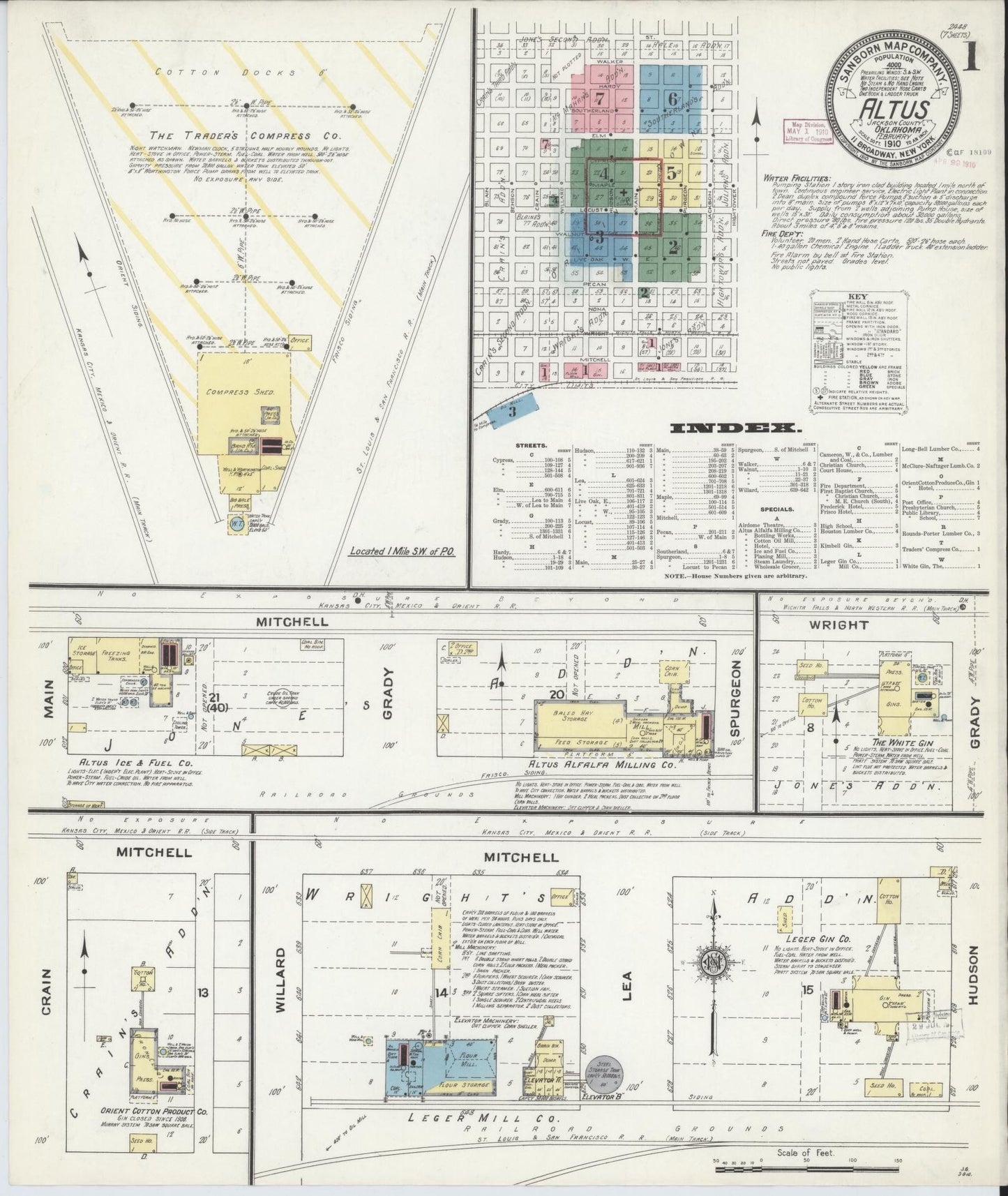 Sanborn Fire Insurance Map from Altus, Jackson County, Oklahoma (1910), Sheet #0001 - Historic Sanborn Fire Insurance Map Print, vintage old map wall art, antique decor, genealogy gift, Oklahoma Oklahoma map