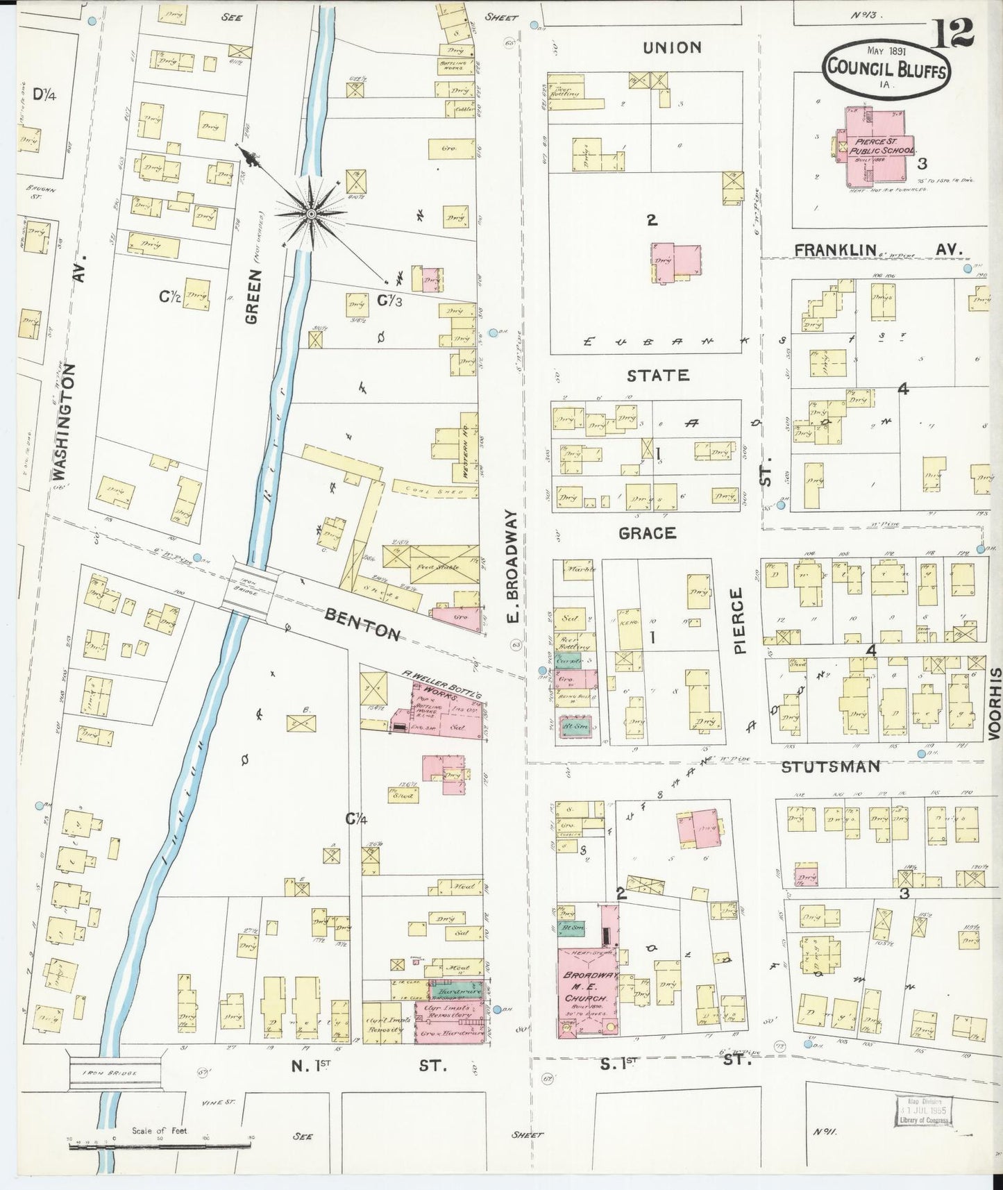 Sanborn Fire Insurance Map from Council Bluffs, Pottawattamie County, Iowa (1891), Sheet #0012 - Historic Sanborn Fire Insurance Map Print, vintage old map wall art