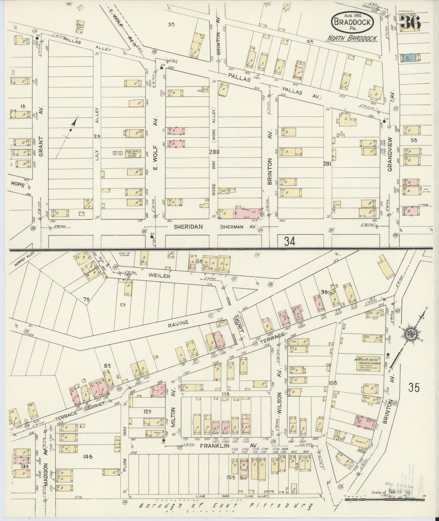 Sanborn Fire Insurance Map from Braddock, Allegheny County, Pennsylvania (1914), Sheet #0036 - Historic Sanborn Fire Insurance Map Print, vintage old map wall art, antique decor, genealogy gift, Pennsylvania Pennsylvania map