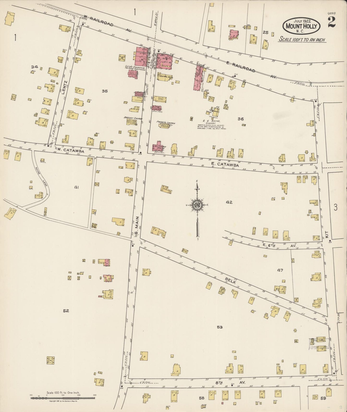 Sanborn Fire Insurance Map from Mount Holly, Gaston County, North Carolina (1922), Sheet #0002 - Historic Sanborn Fire Insurance Map Print, vintage old map wall art, antique decor, genealogy gift, North Carolina North Carolina map