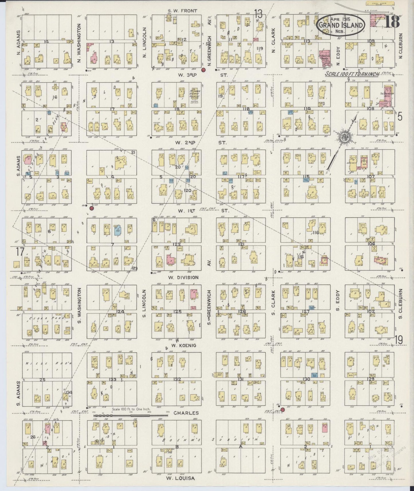Sanborn Fire Insurance Map from Grand Island, Hall County, Nebraska (1915), Sheet #0018 - Historic Sanborn Fire Insurance Map Print, vintage old map wall art, antique decor, genealogy gift, Nebraska Nebraska map