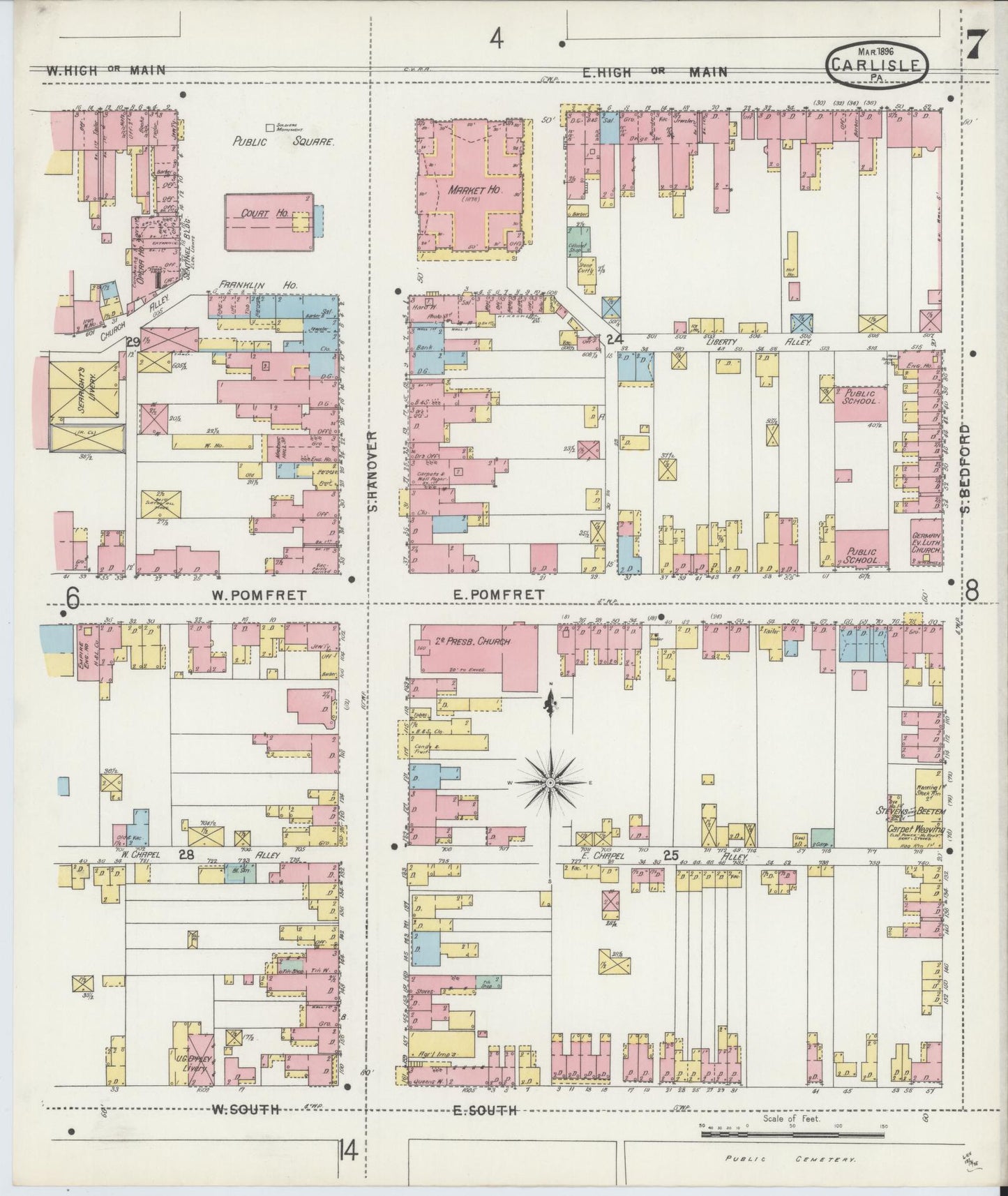 Sanborn Fire Insurance Map from Carlisle, Cumberland County, Pennsylvania (1896), Sheet #0007 - Historic Sanborn Fire Insurance Map Print, vintage old map wall art, antique decor, genealogy gift, Pennsylvania Pennsylvania map