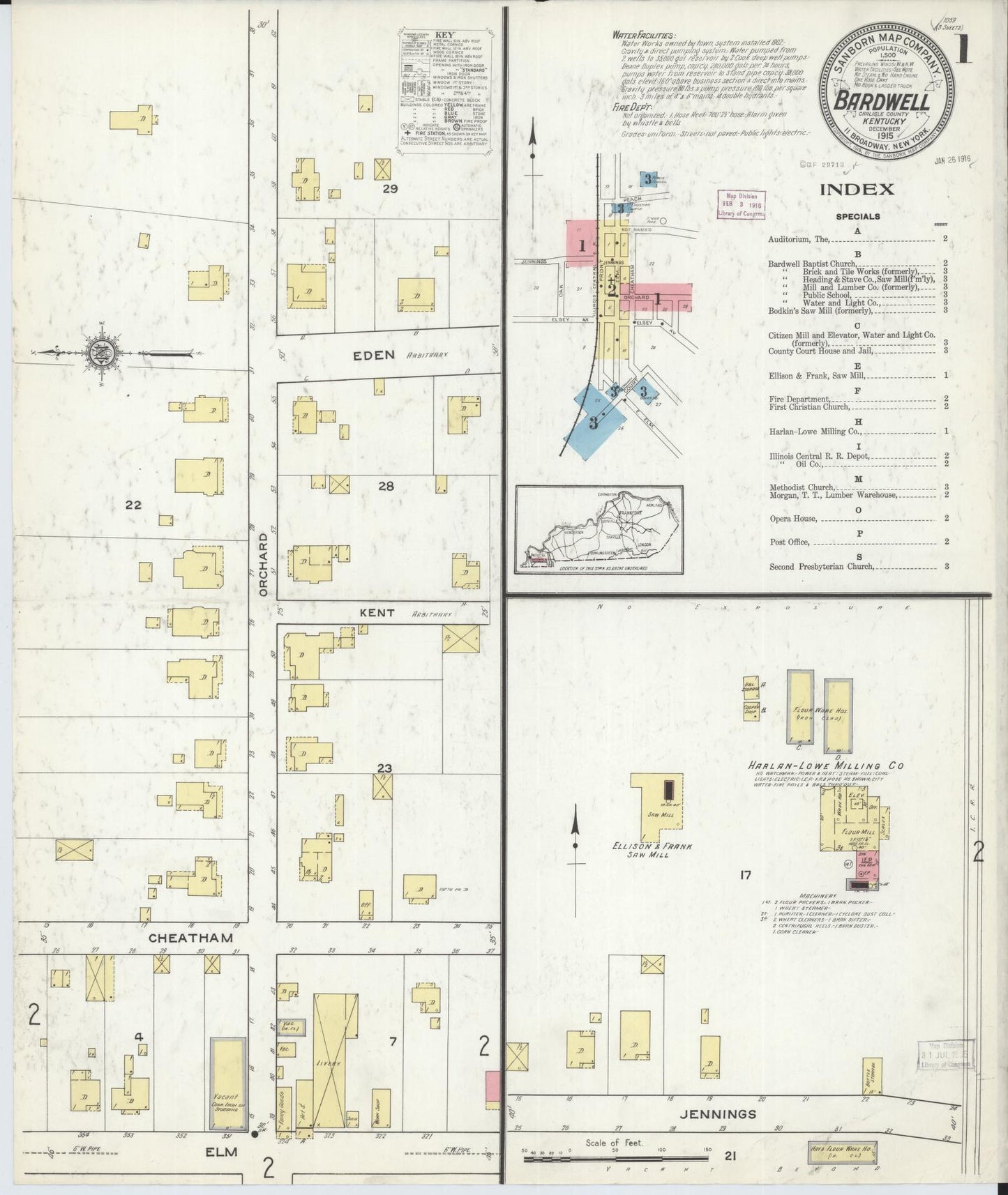 Sanborn Fire Insurance Map from Bardwell, Carlisle County, Kentucky (1915), Sheet #0001 - Historic Sanborn Fire Insurance Map Print, vintage old map wall art, antique decor, genealogy gift, Kentucky Kentucky map
