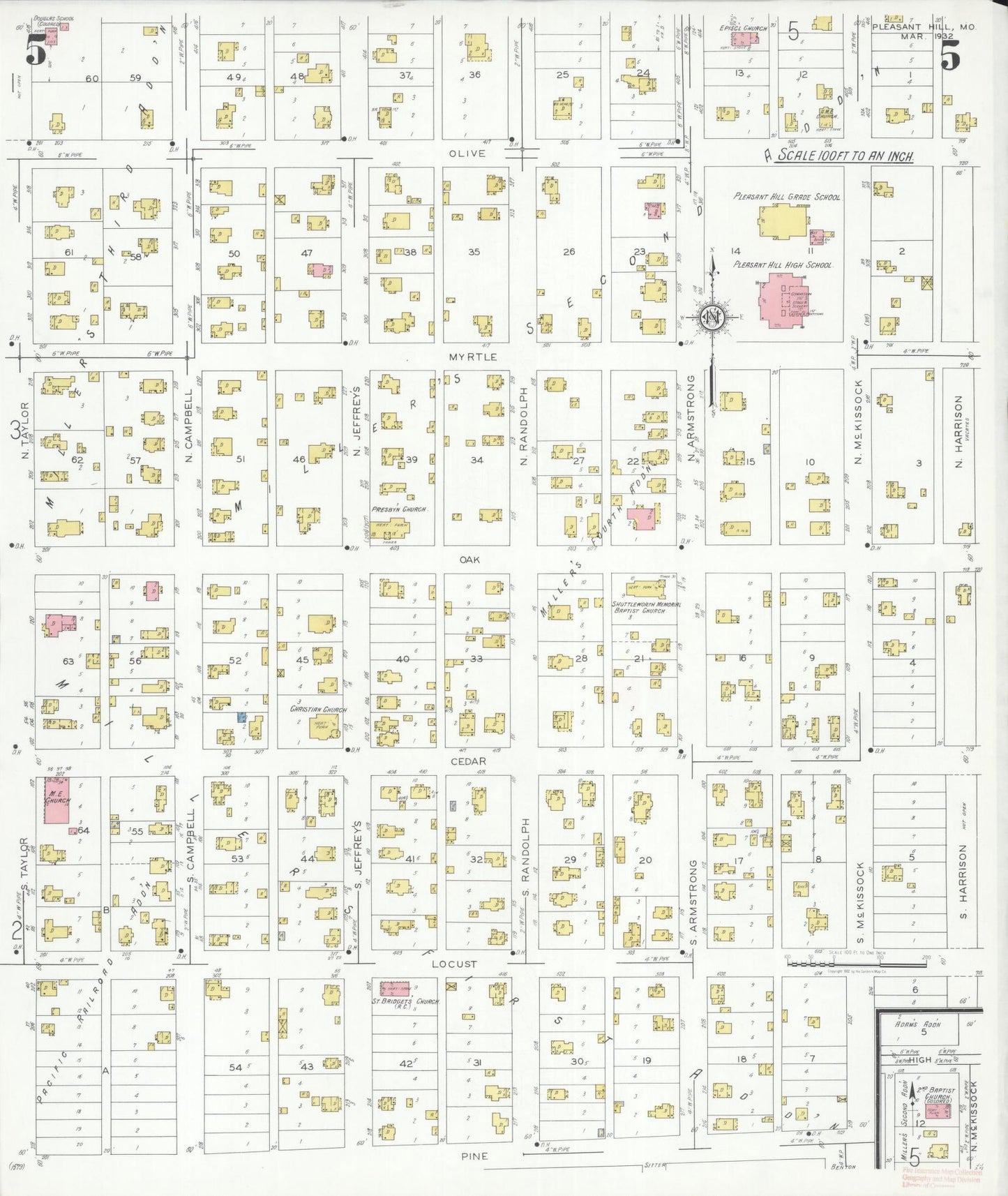 Sanborn Fire Insurance Map from Pleasant Hill, Cass County, Missouri (1932), Sheet #0005 - Historic Sanborn Fire Insurance Map Print, vintage old map wall art, antique decor, genealogy gift, Missouri Missouri map