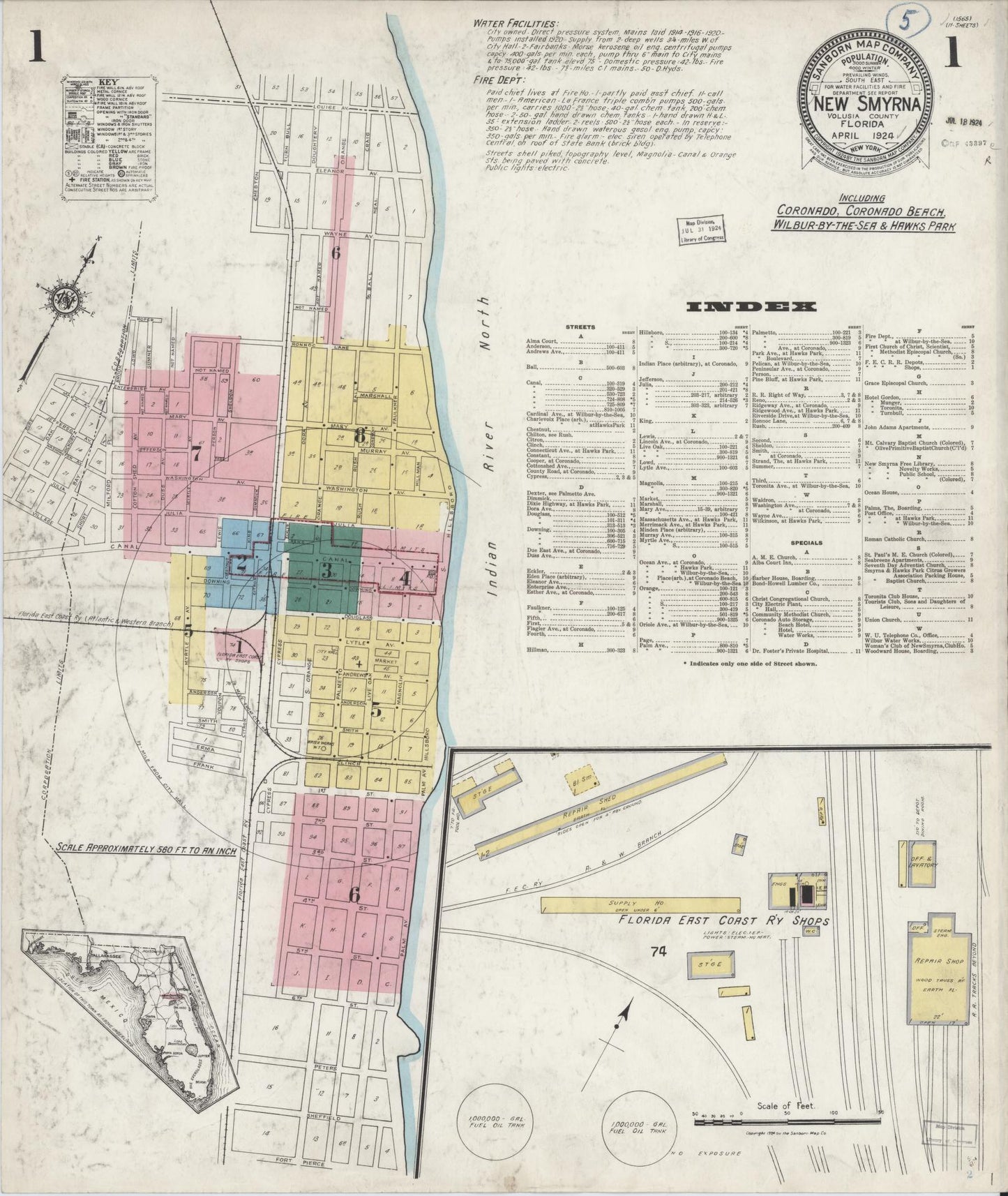 Sanborn Fire Insurance Map from New Smyrna, Valusia County, Florida. (1924) – Historic Sanborn Fire Insurance Map Print