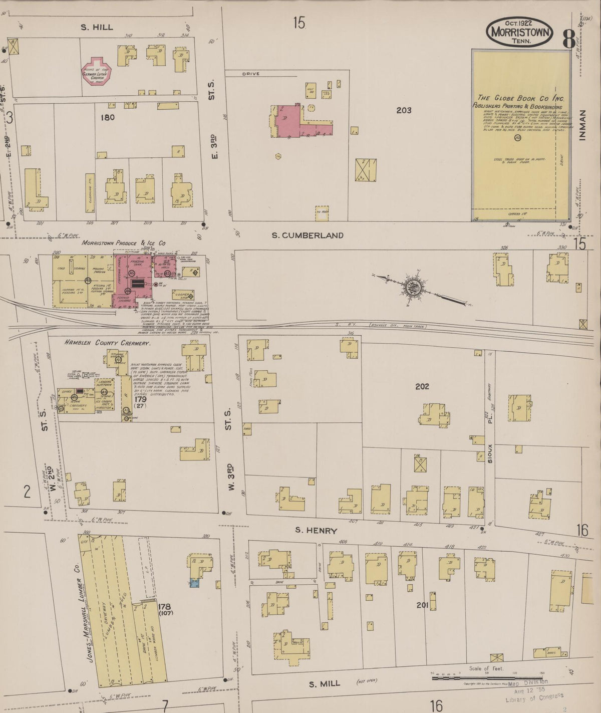 Sanborn Fire Insurance Map from Morristown, Hamblen County, Tennessee (1922), Sheet #0008 - Historic Sanborn Fire Insurance Map Print, vintage old map wall art, antique decor, genealogy gift, Tennessee Tennessee map