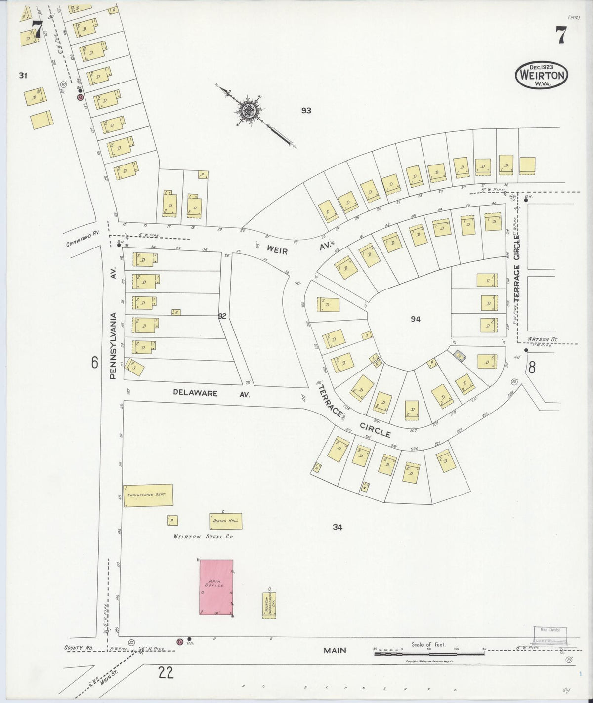 Sanborn Fire Insurance Map from Weirton, Hancock County, West Virginia (1923), Sheet #0007 - Historic Sanborn Fire Insurance Map Print, vintage old map wall art, antique decor, genealogy gift, West Virginia West Virginia map