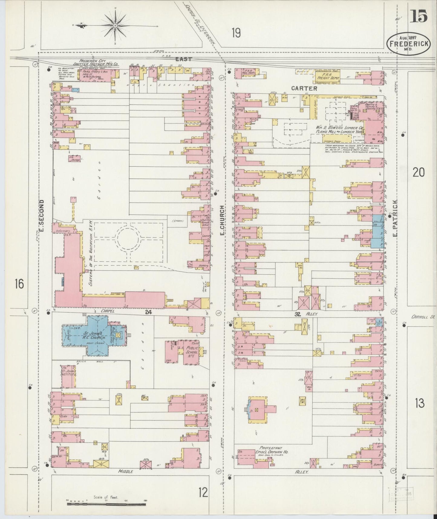 Frederick, Maryland - 1897 - Sanborn Fire Insurance Map, Sheet #0015 - Historic Sanborn Fire Insurance Map Print, Frederick Maryland 1897 0015 vintage old map wall art