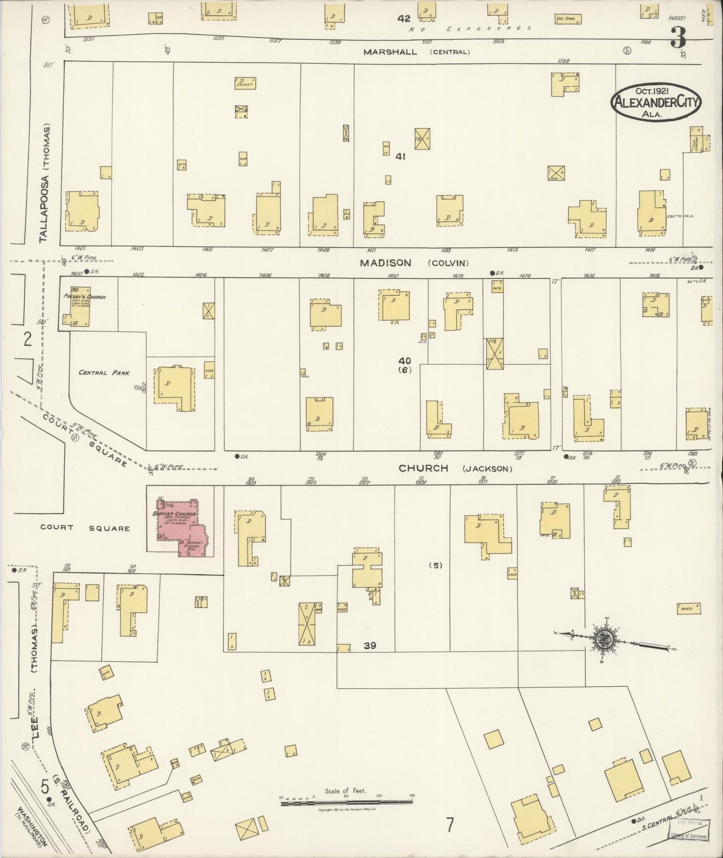 Sanborn Fire Insurance Map from Alexander City, Tallapoosa County, Alabama (1921), Sheet #0003 - Historic Sanborn Fire Insurance Map Print, vintage old map wall art, antique decor, genealogy gift, Alabama Alabama map