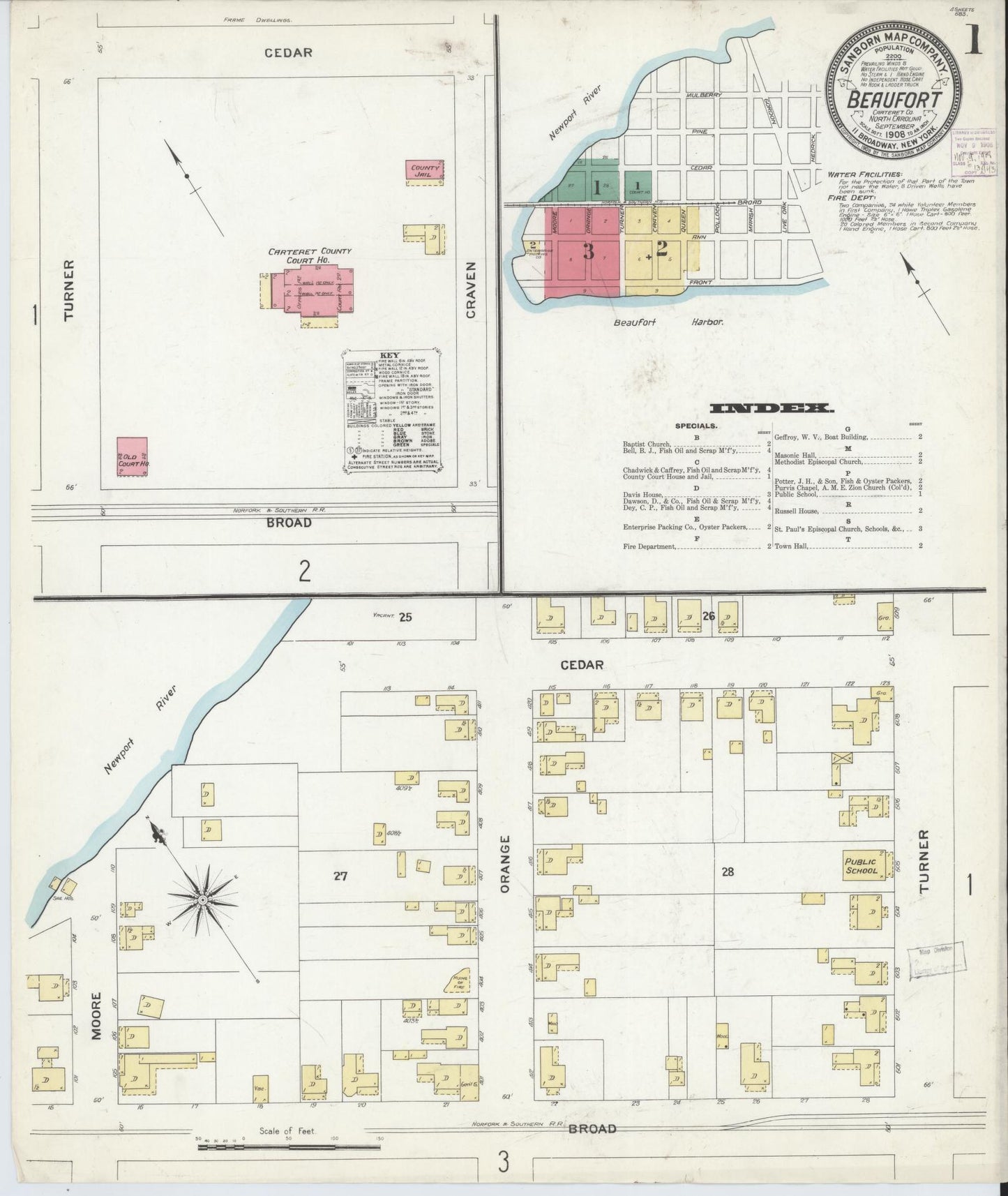 Sanborn Fire Insurance Map from Beaufort, Carteret County, North Carolina (1908), Sheet #0001 - Historic Sanborn Fire Insurance Map Print, vintage old map wall art, antique decor, genealogy gift, North Carolina North Carolina map