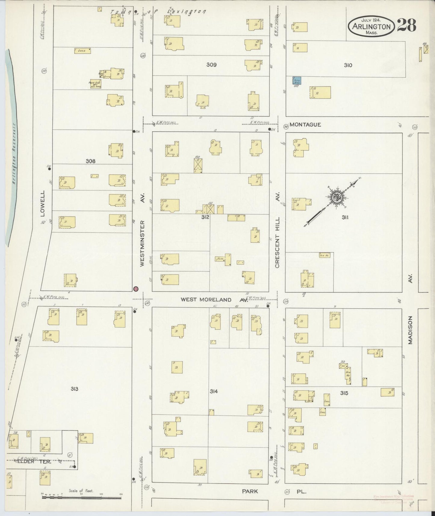 Sanborn Fire Insurance Map from Arlington, Middlesex County, Massachusetts (1914), Sheet #0028 - Historic Sanborn Fire Insurance Map Print, vintage old map wall art, antique decor, genealogy gift, Massachusetts Massachusetts map
