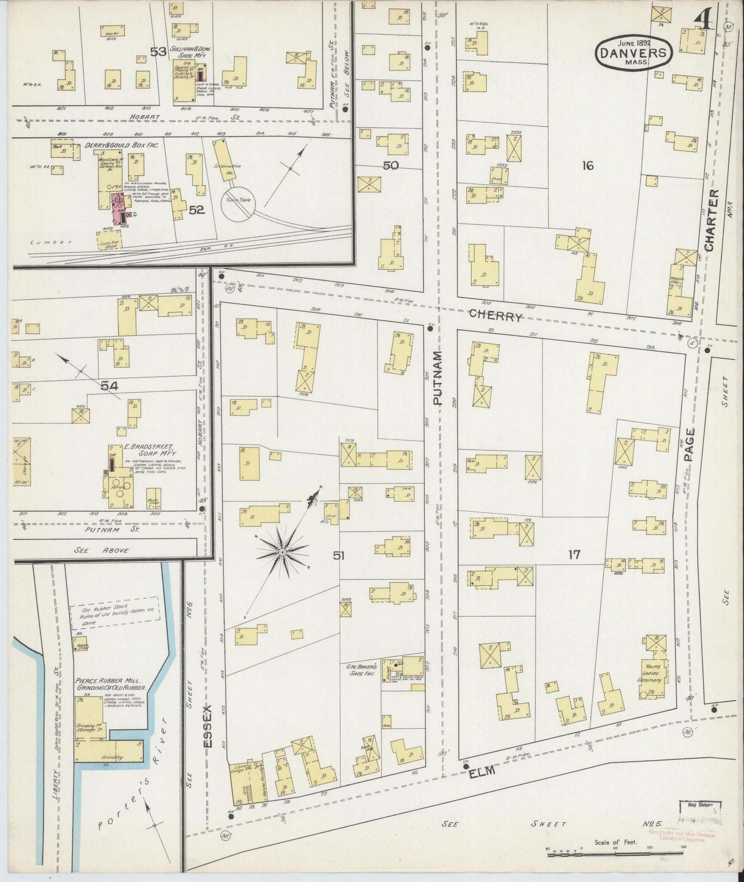 Sanborn Fire Insurance Map from Danvers, Essex County, Massachusetts (1892), Sheet #0004 - Historic Sanborn Fire Insurance Map Print, vintage old map wall art, antique decor, genealogy gift, Massachusetts Massachusetts map