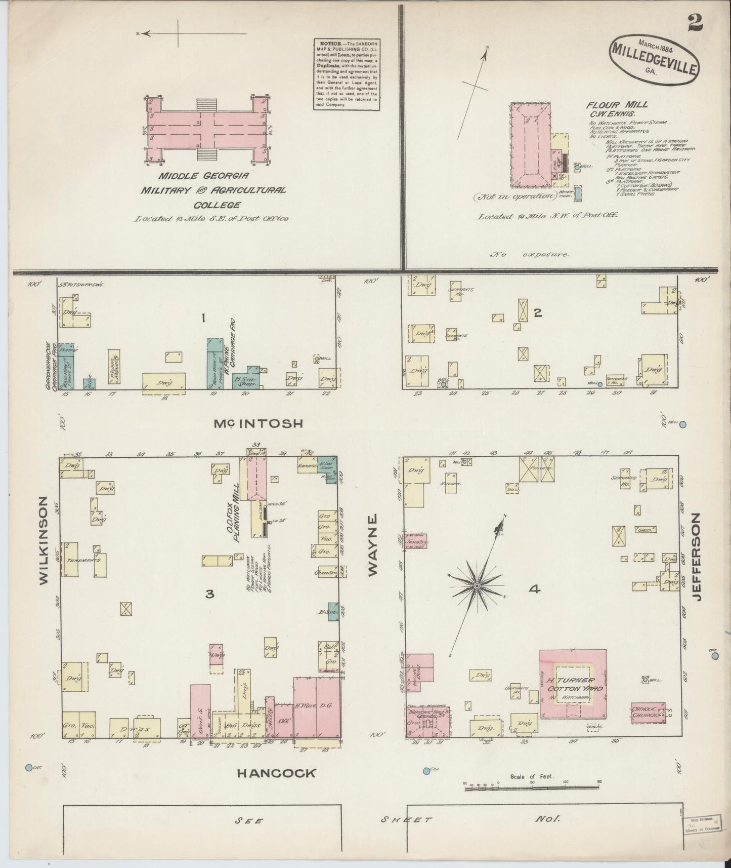 Sanborn Fire Insurance Map from Milledgeville, Baldwin County, Georgia (1884), Sheet #0002 - Complete Map Set gallery image, historic Sanborn map, vintage wall art, Georgia Georgia