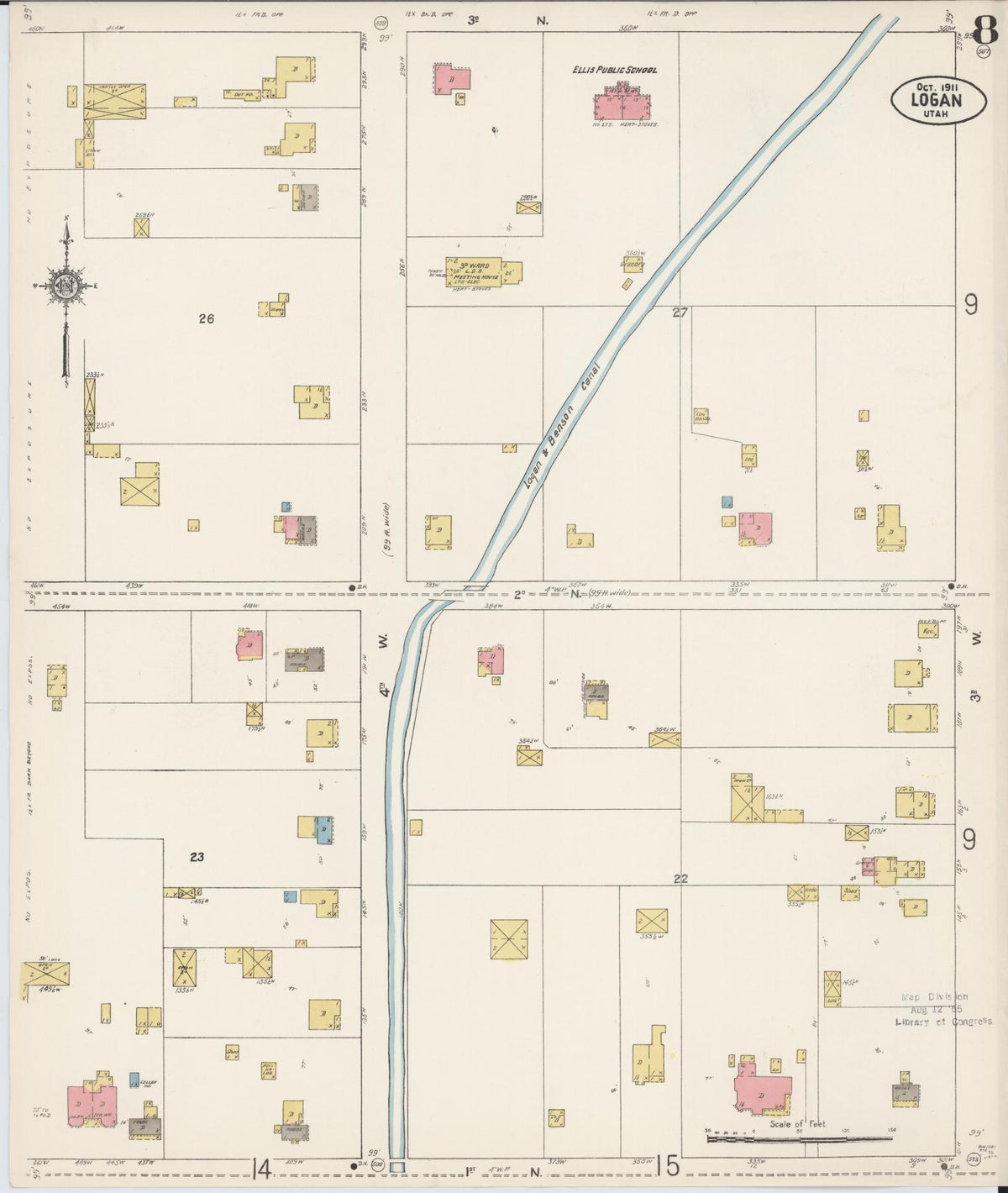 Sanborn Fire Insurance Map from Logan, Cache County, Utah (1911), Sheet #0008 - Historic Sanborn Fire Insurance Map Print, vintage old map wall art, antique decor, genealogy gift, Utah Utah map