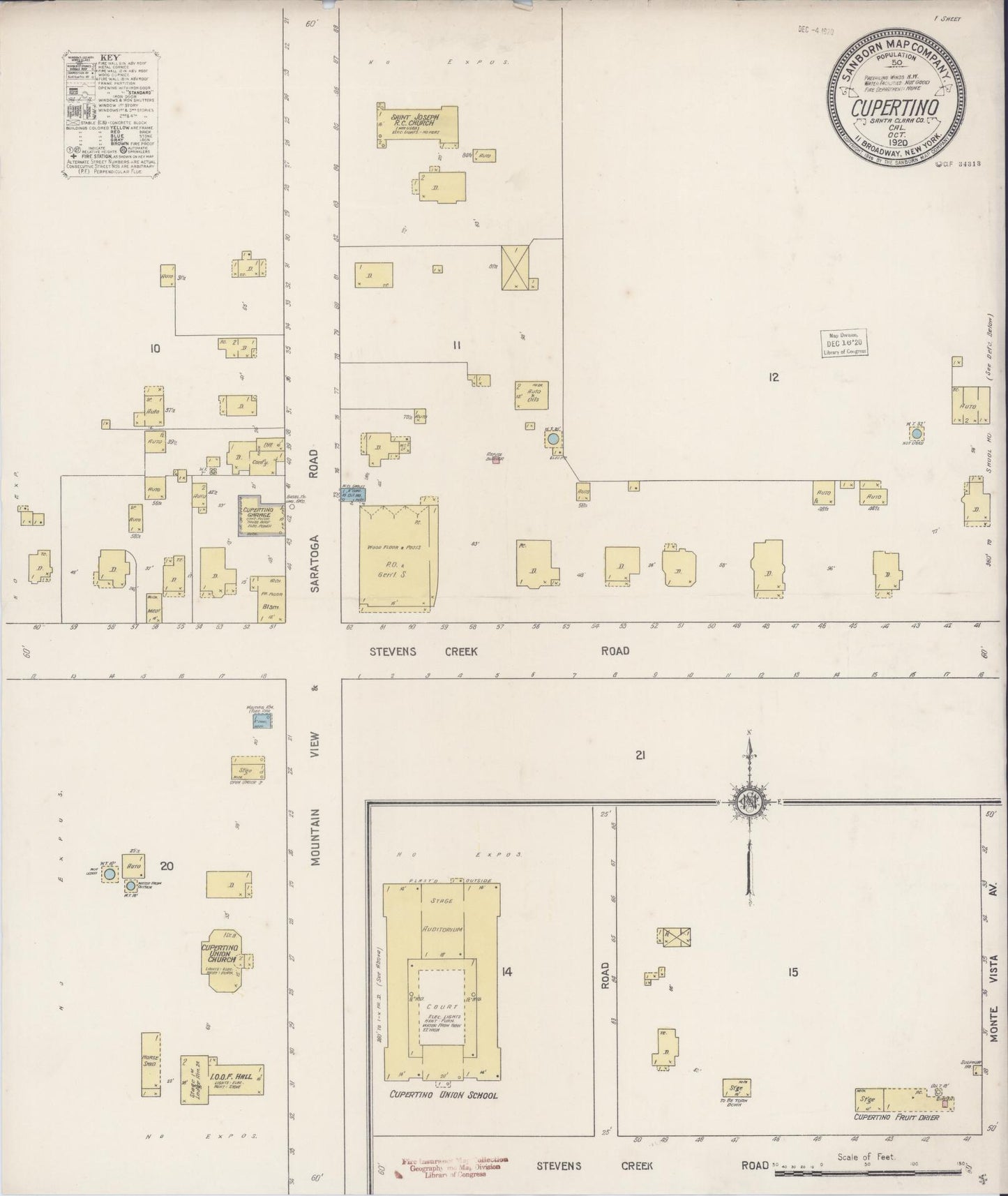 Sanborn Fire Insurance Map from Cupertino, Santa Clara County, California (1920), Sheet #0001 - Historic Sanborn Fire Insurance Map Print, vintage old map wall art, antique decor, genealogy gift, California California map