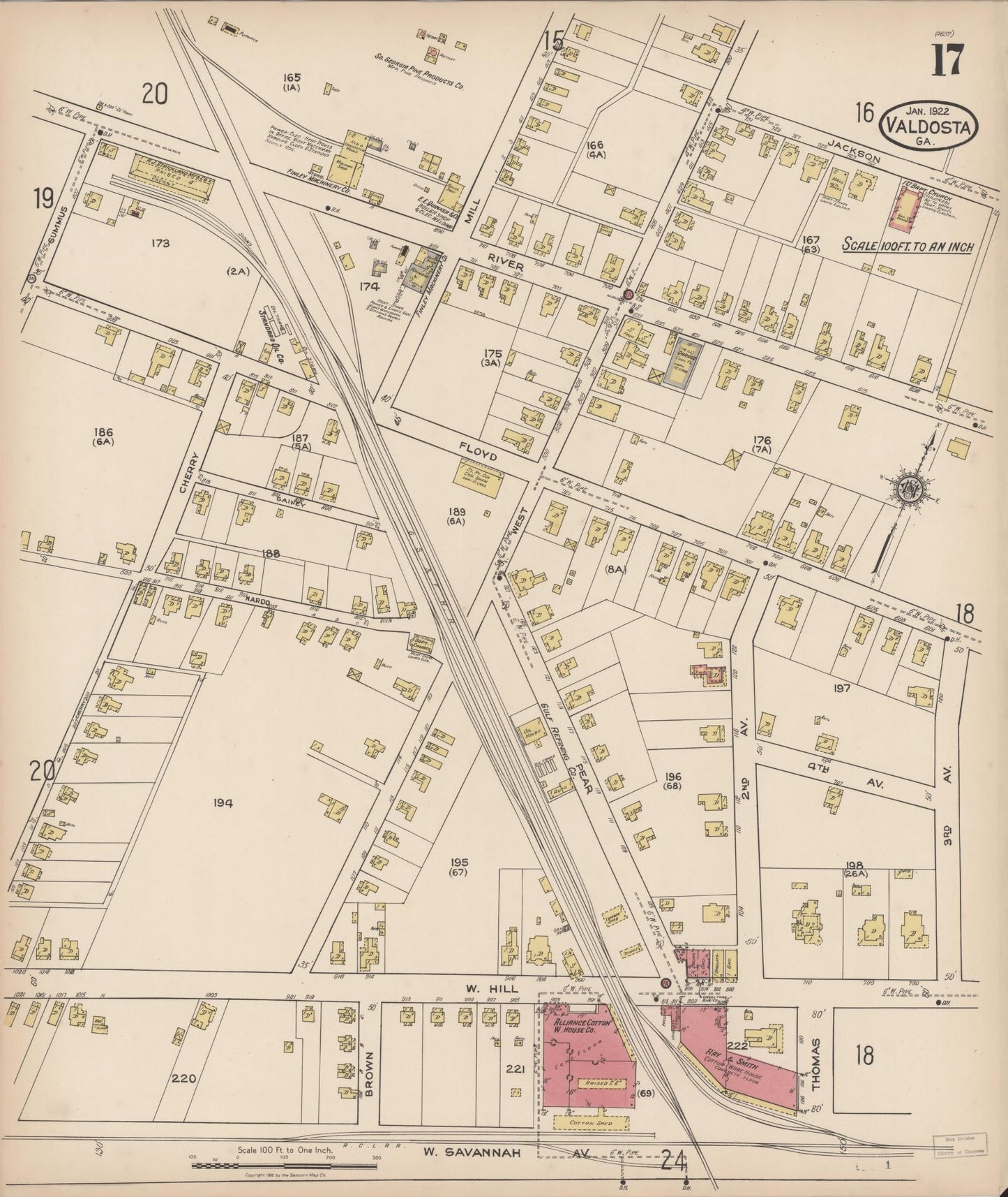 Sanborn Fire Insurance Map from Valdosta, Lowndes County, Georgia (1922), Sheet #0017 - Historic Sanborn Fire Insurance Map Print, vintage old map wall art, antique decor, genealogy gift, Georgia Georgia map