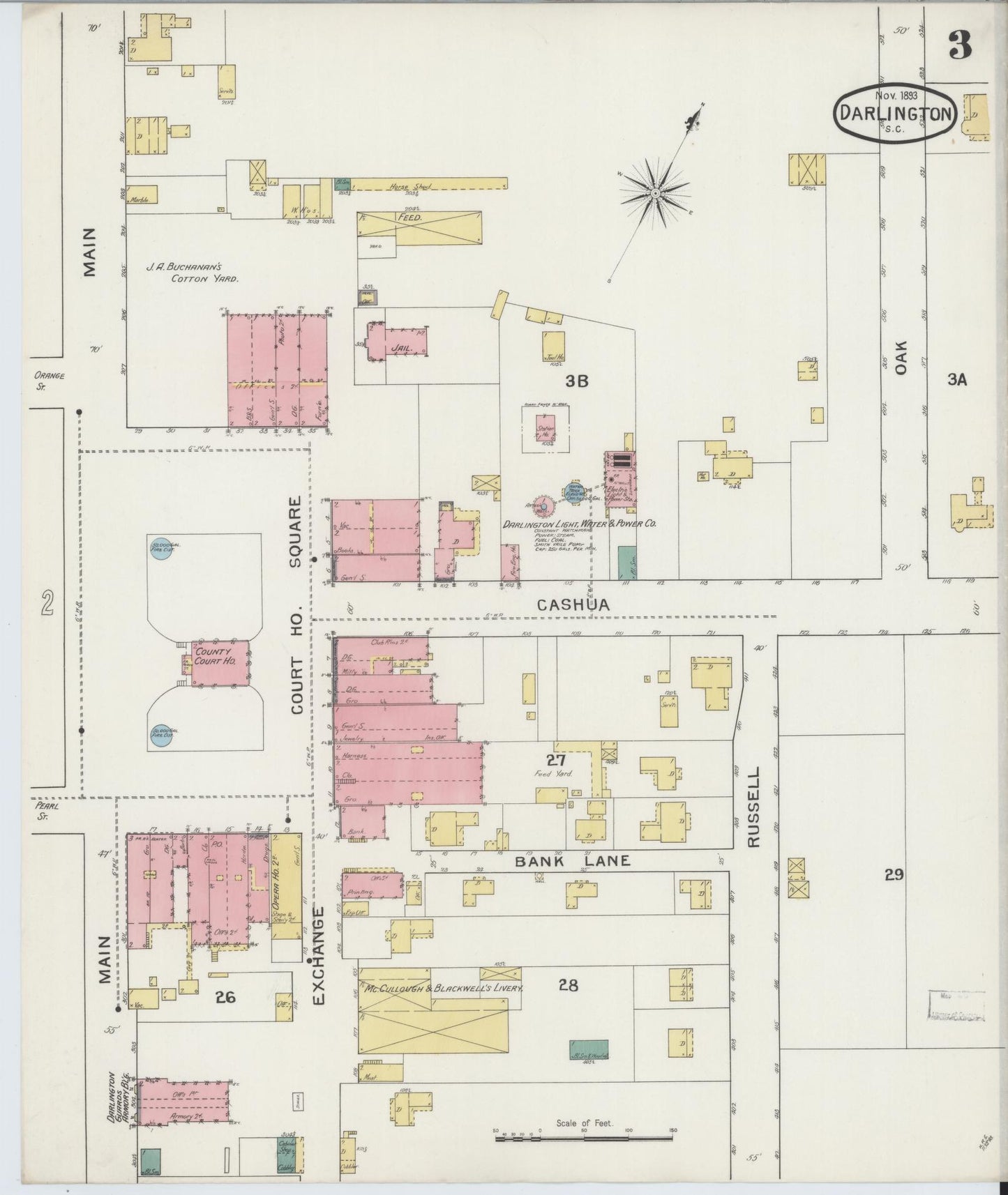 Sanborn Fire Insurance Map from Darlington, Darlington County, South Carolina (1893), Sheet #0003 - Historic Sanborn Fire Insurance Map Print, vintage old map wall art, antique decor, genealogy gift, South Carolina South Carolina map