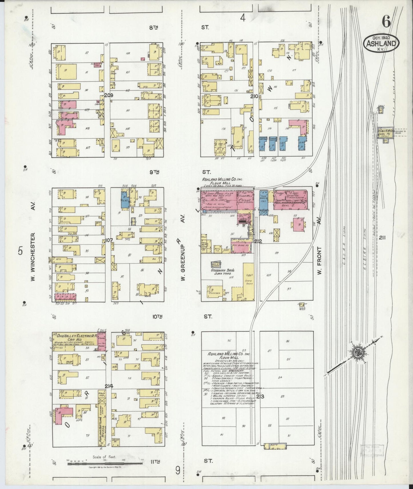 Sanborn Fire Insurance Map from Ashland, Boyd County, Kentucky (1920), Sheet #0006 - Historic Sanborn Fire Insurance Map Print, vintage old map wall art, antique decor, genealogy gift, Kentucky Kentucky map