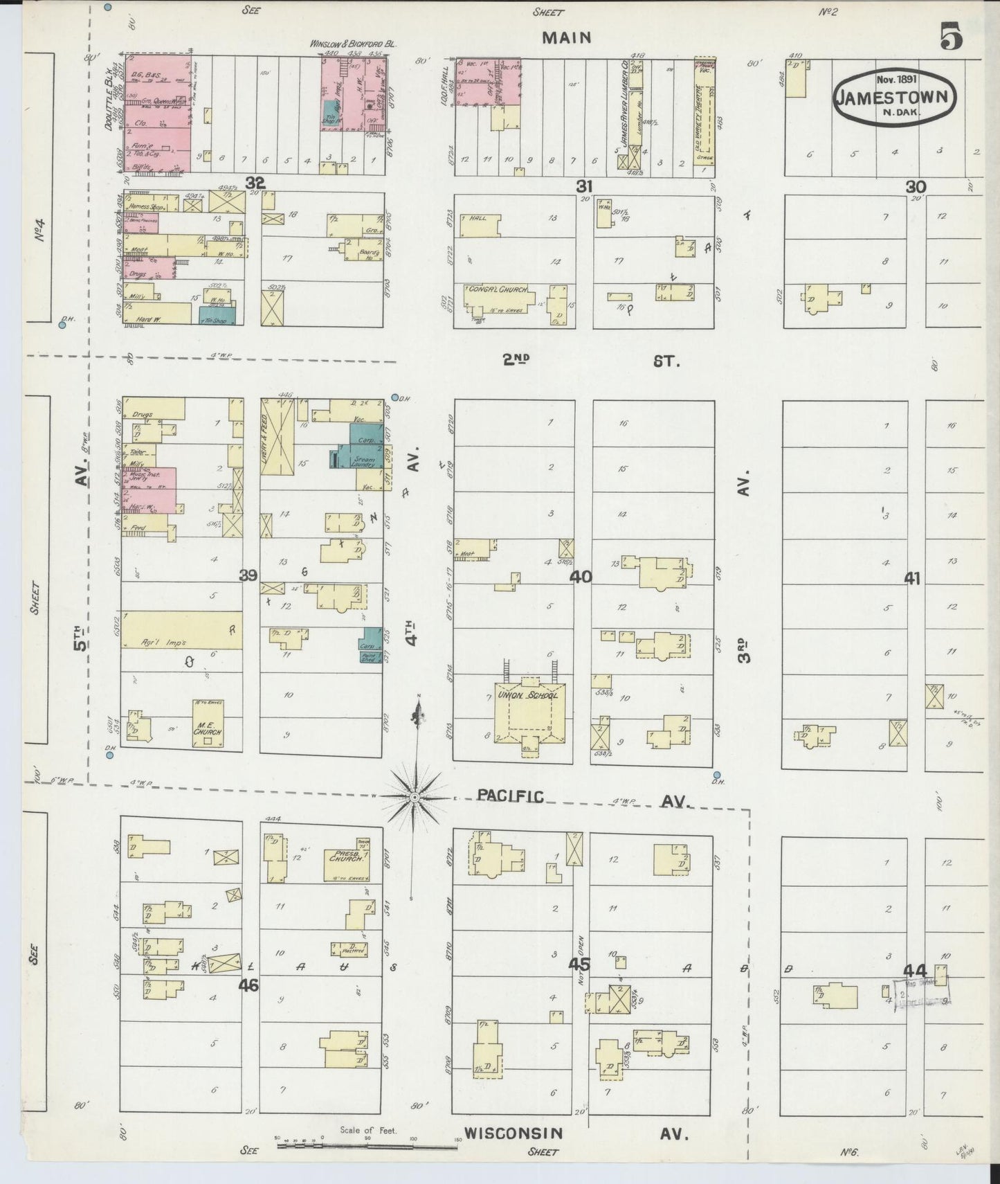 Sanborn Fire Insurance Map from Jamestown, Stutsman County, North Dakota (1891), Sheet #0005 - Historic Sanborn Fire Insurance Map Print, vintage old map wall art, antique decor, genealogy gift, North Dakota North Dakota map