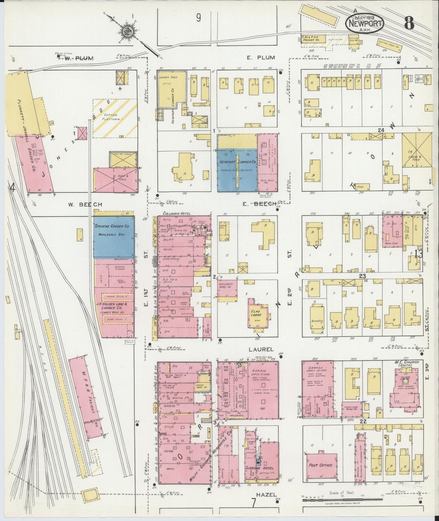 Sanborn Fire Insurance Map from Newport, Jackson County, Arkansas (1919), Sheet #0008 - Historic Sanborn Fire Insurance Map Print, vintage old map wall art, antique decor, genealogy gift, Arkansas Arkansas map