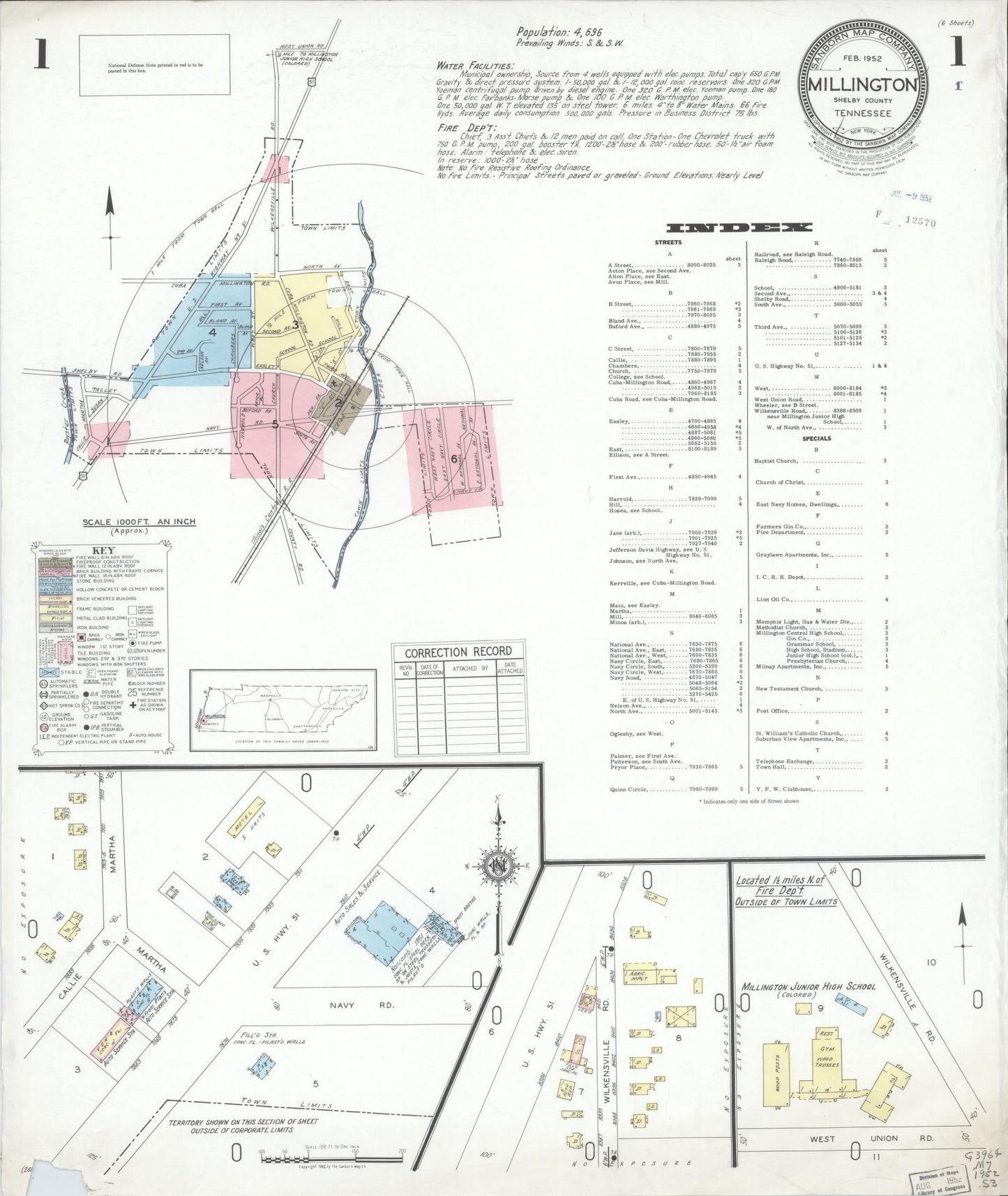 Sanborn Fire Insurance Map from Millington, Shelby County, Tennessee (1952), Sheet #0001 - Historic Sanborn Fire Insurance Map Print, vintage old map wall art, antique decor, genealogy gift, Tennessee Tennessee map